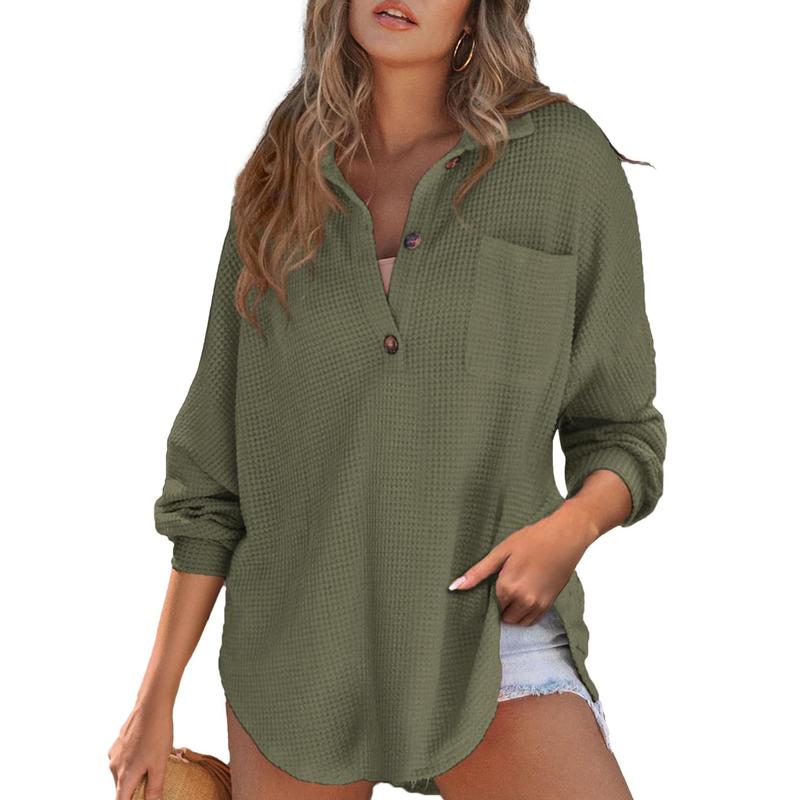 Rhannon - Casual Oversized Waffle V-Neck Long Sleeve Sweater