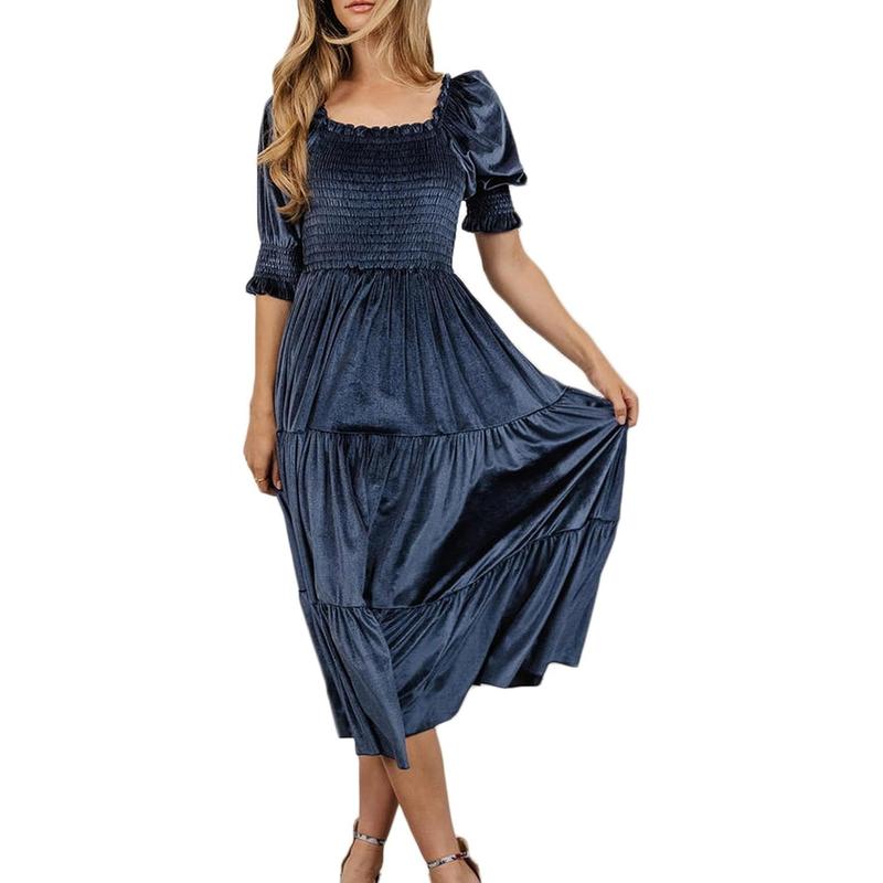 Audrey - Square Neck Puff Sleeve A-Line Midi Dress for All Occasions