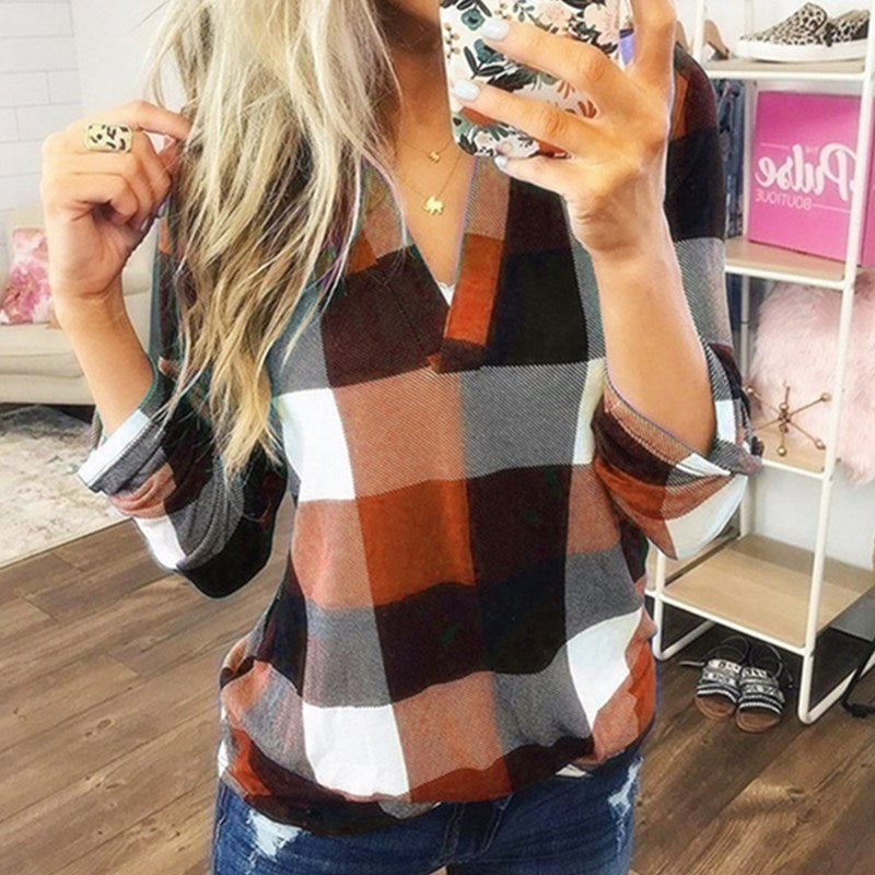 Samiya - Casual V-Neck Plaid Long Sleeve Blouse