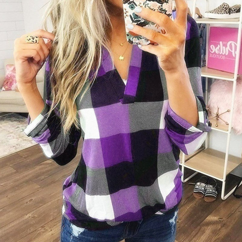 Samiya - Casual V-Neck Plaid Long Sleeve Blouse