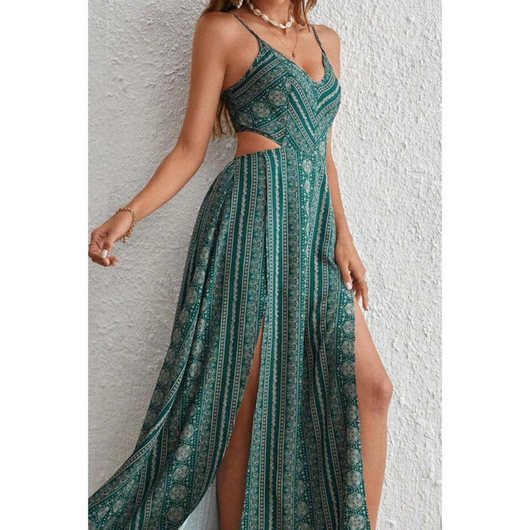 Clarinda – Casual Deep V-Neck Shirred Sleeveless Maxi Dress