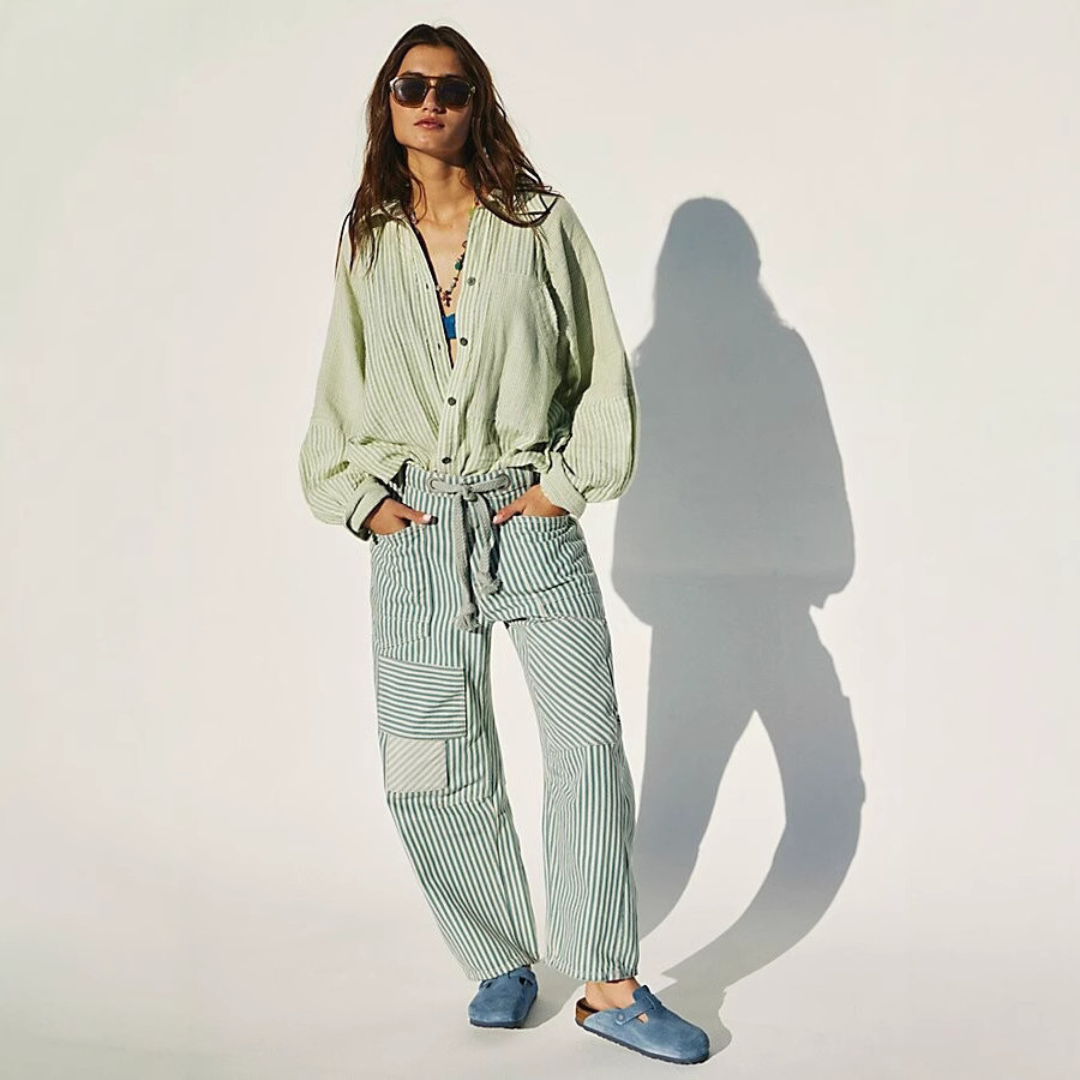 Perlah– Chic Stripe Drawstring Wide-Leg Pants