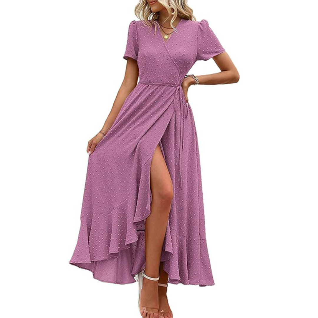 Pilar – Classy Flowy Wrap V-Neck Short Sleeve Maxi Dress