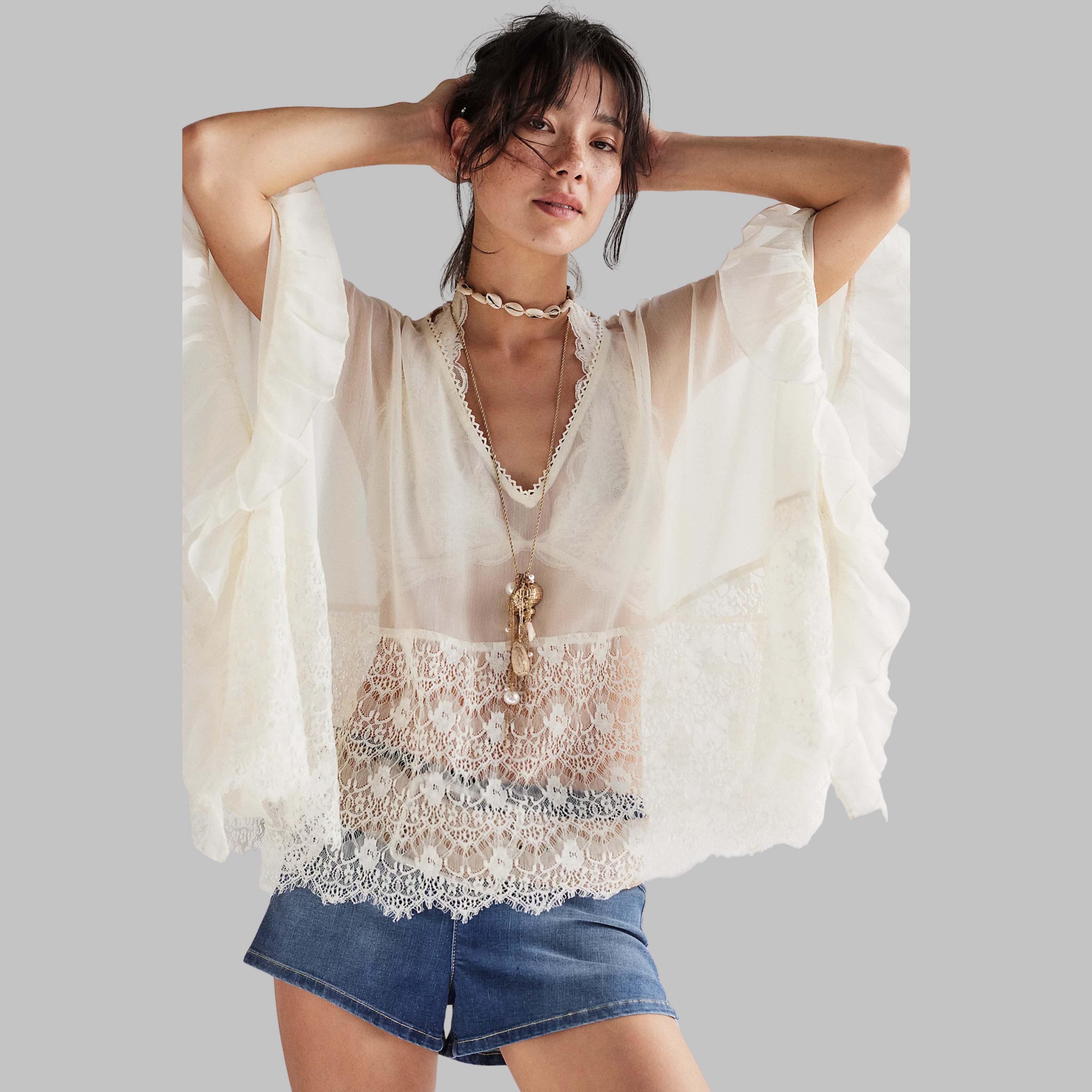 Leona - Classy V-Neck Batwing Sleeve Cover-Up Top