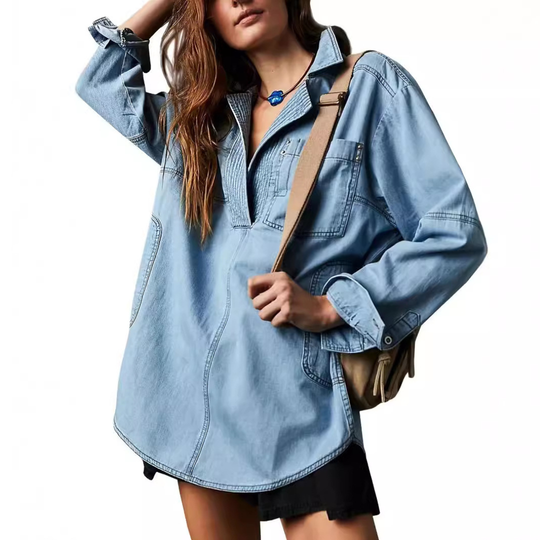 Nalinae – Chic V-Neck  Denim Tunic Top