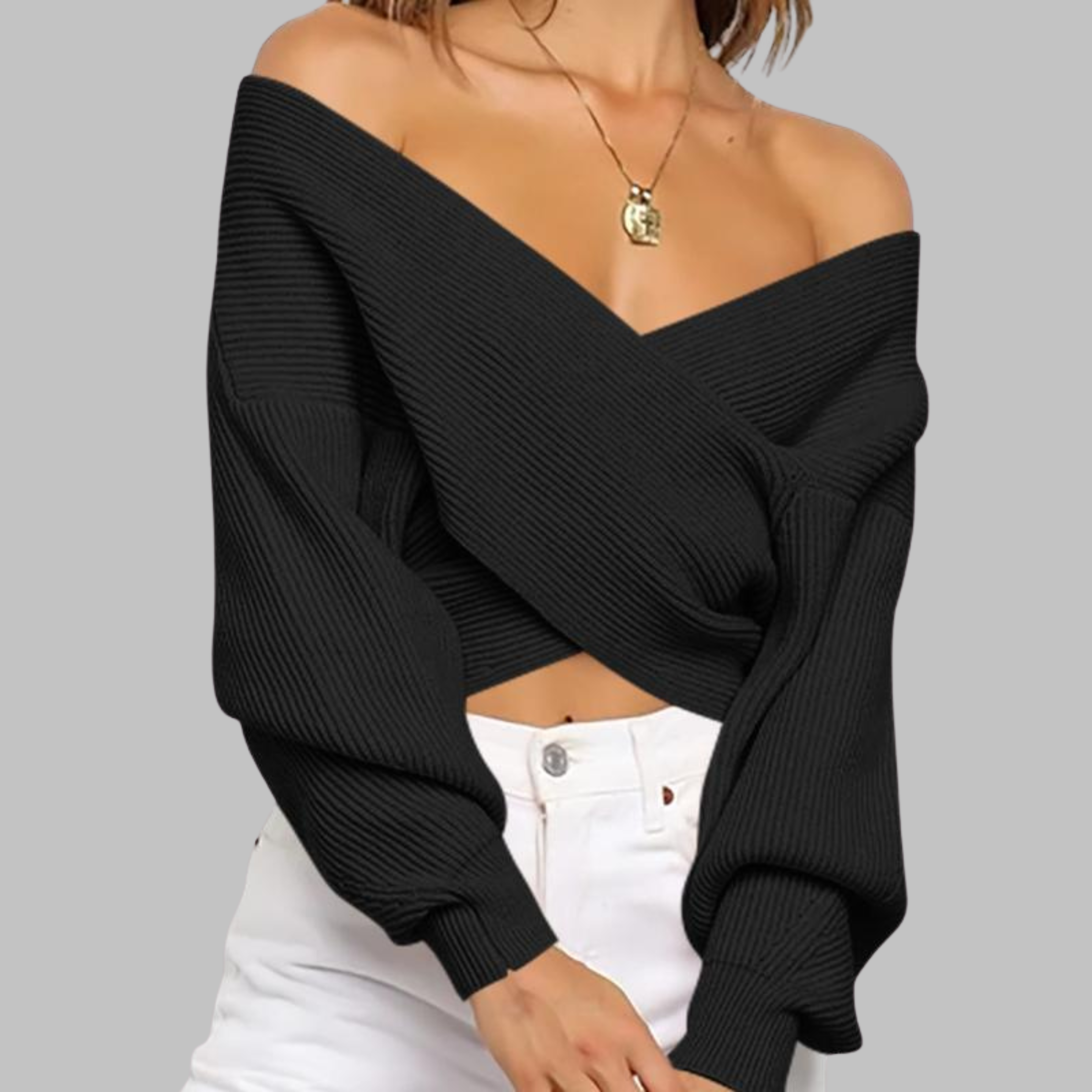 Quenelle - Chic V-Neck Long Sleeve Wrap Front Sweater
