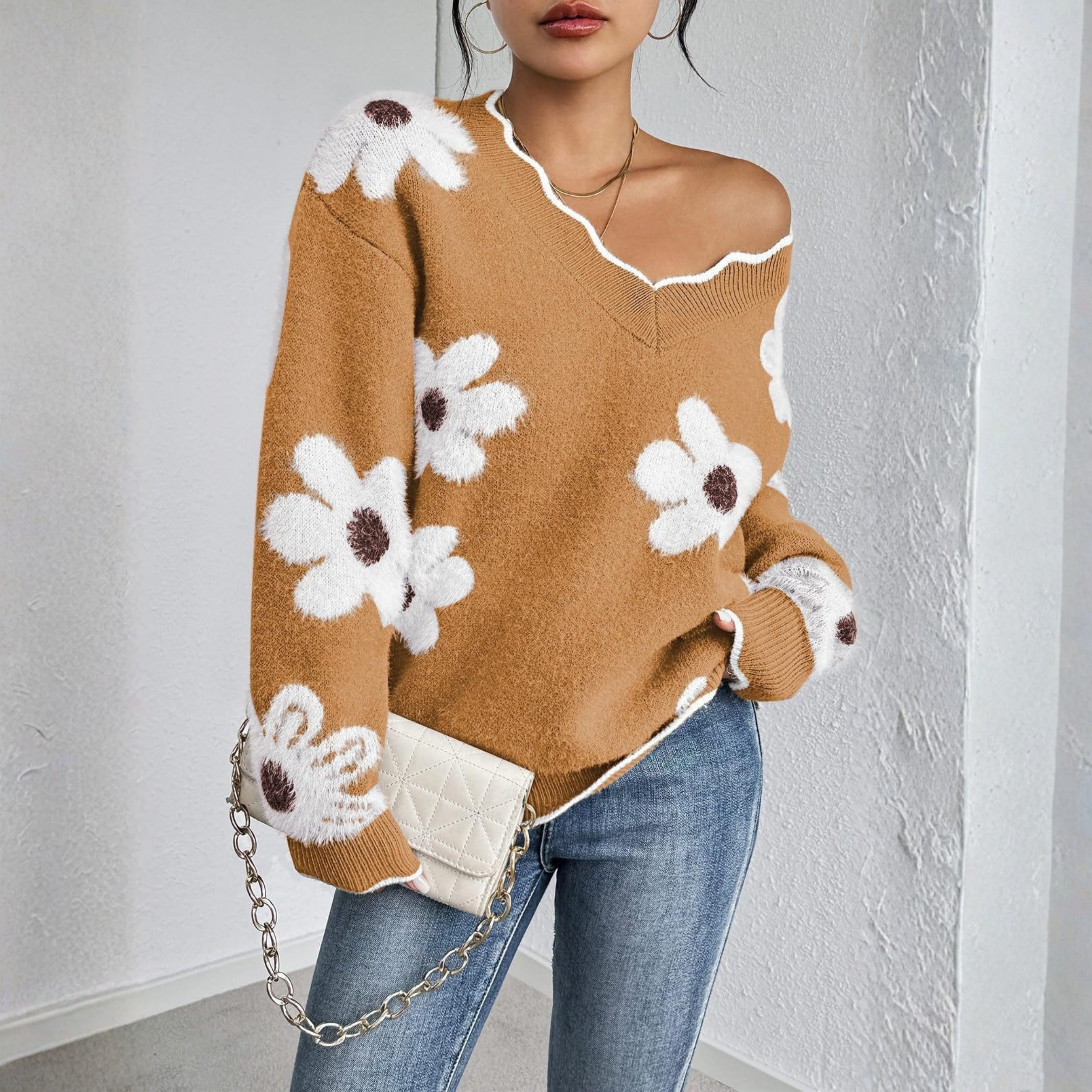Kyupa - Casual Drop Shoulder Long Sleeve V-Neck Sweater