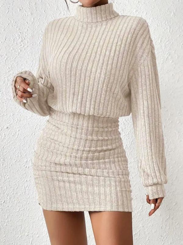 Aitana - Plain Drop Shoulder Turtleneck Ribbed Dress for Fall & Winter