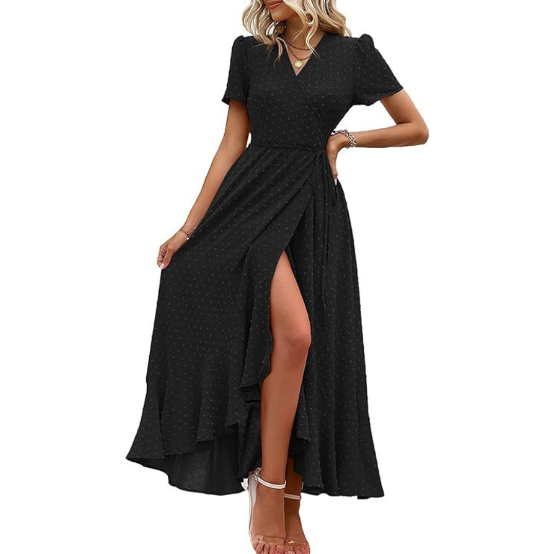 Marjorie - Cozy Summer Wrap Ruffle Hem Split Maxi Dress