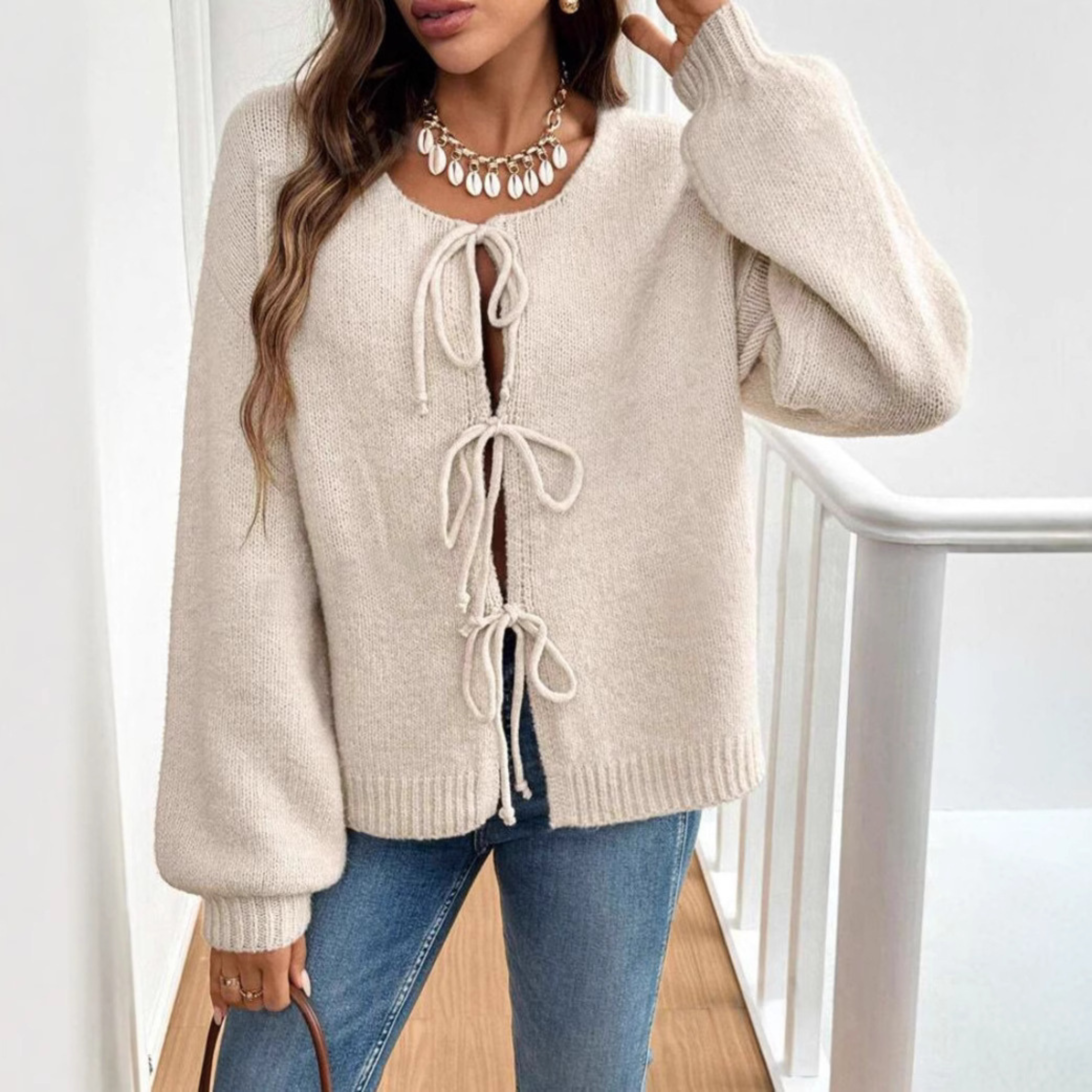 Adriene - Chic Long Sleeve Round Neck Tie Front Cardigan