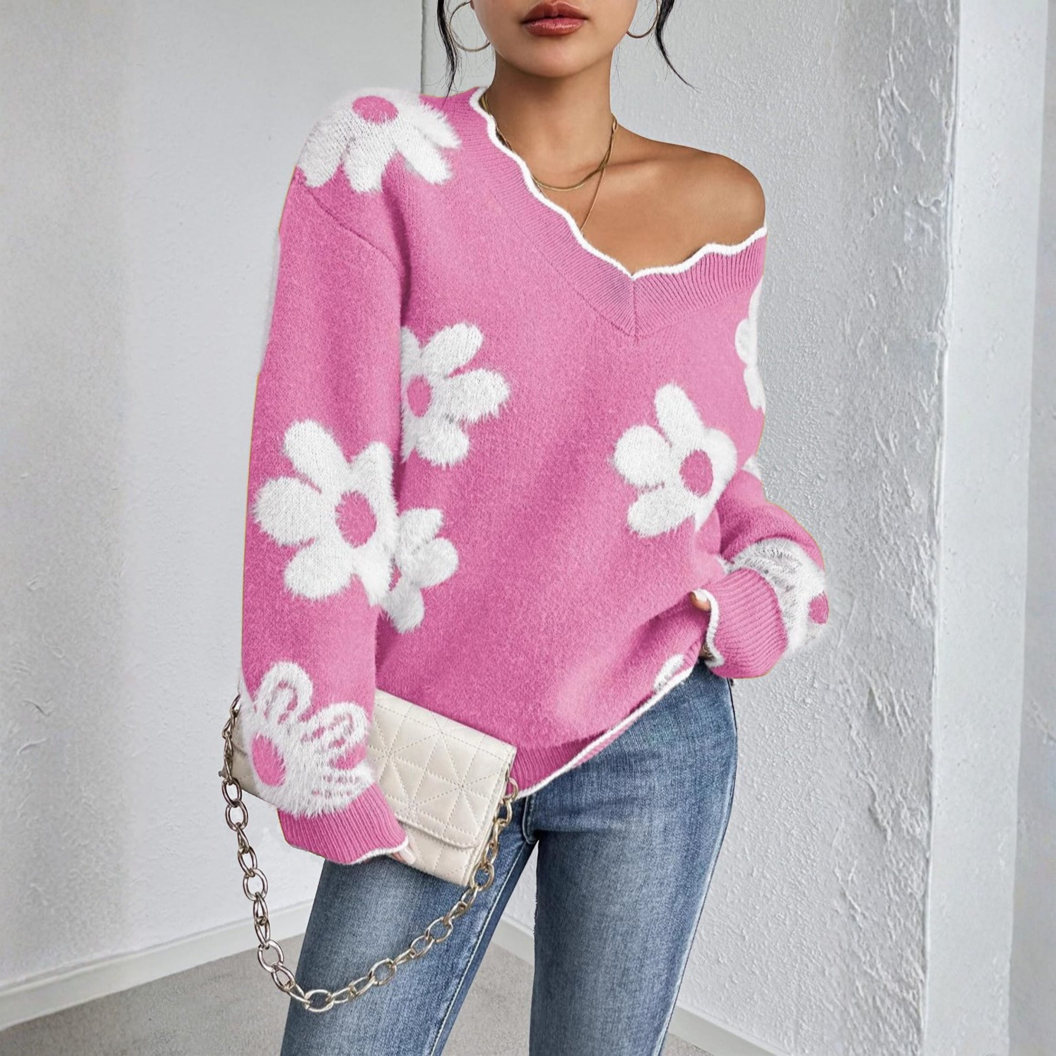 Kyupa - Casual Drop Shoulder Long Sleeve V-Neck Sweater