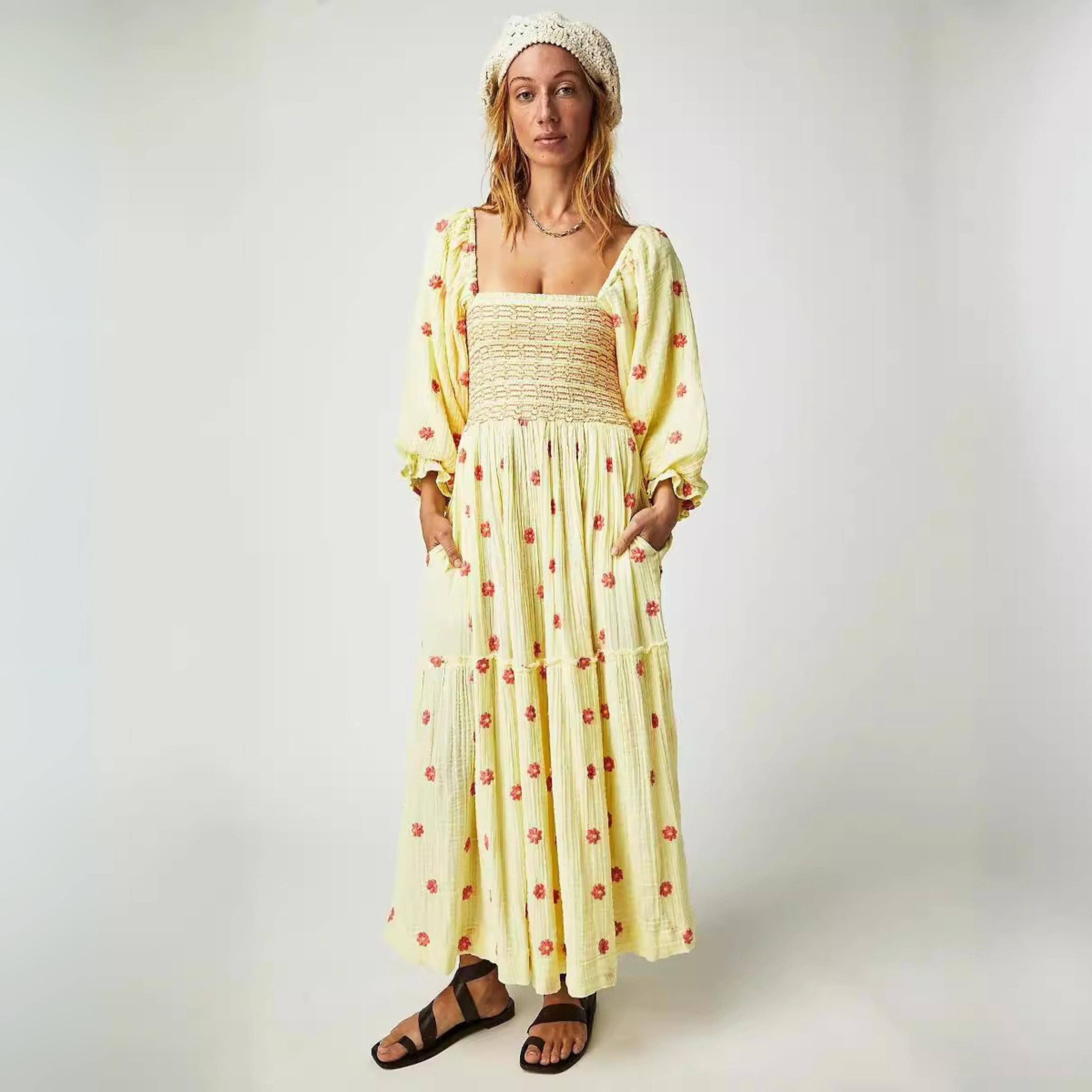 Moira - Comfy Floral Lantern Sleeve Square Neck Maxi Dress