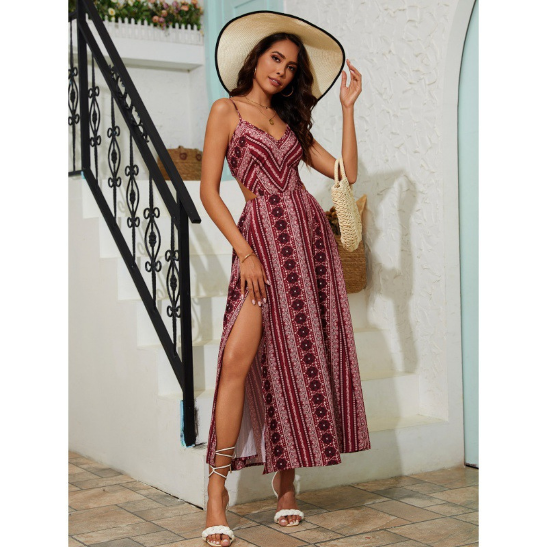 Clarinda – Casual Deep V-Neck Shirred Sleeveless Maxi Dress