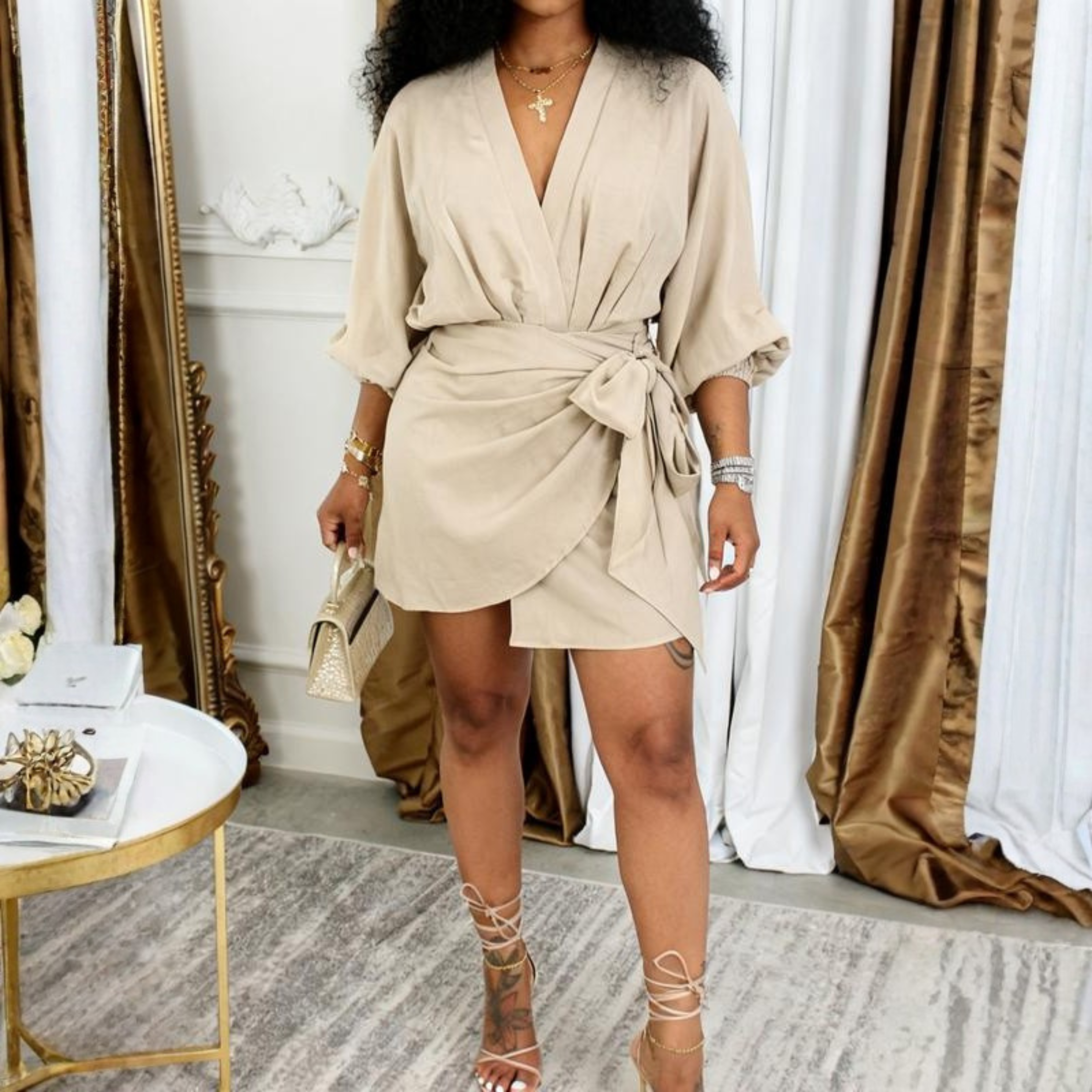 Jeiya - Chic Plain Side Tie Wrap V-Neck Bishop Party Mini Dress