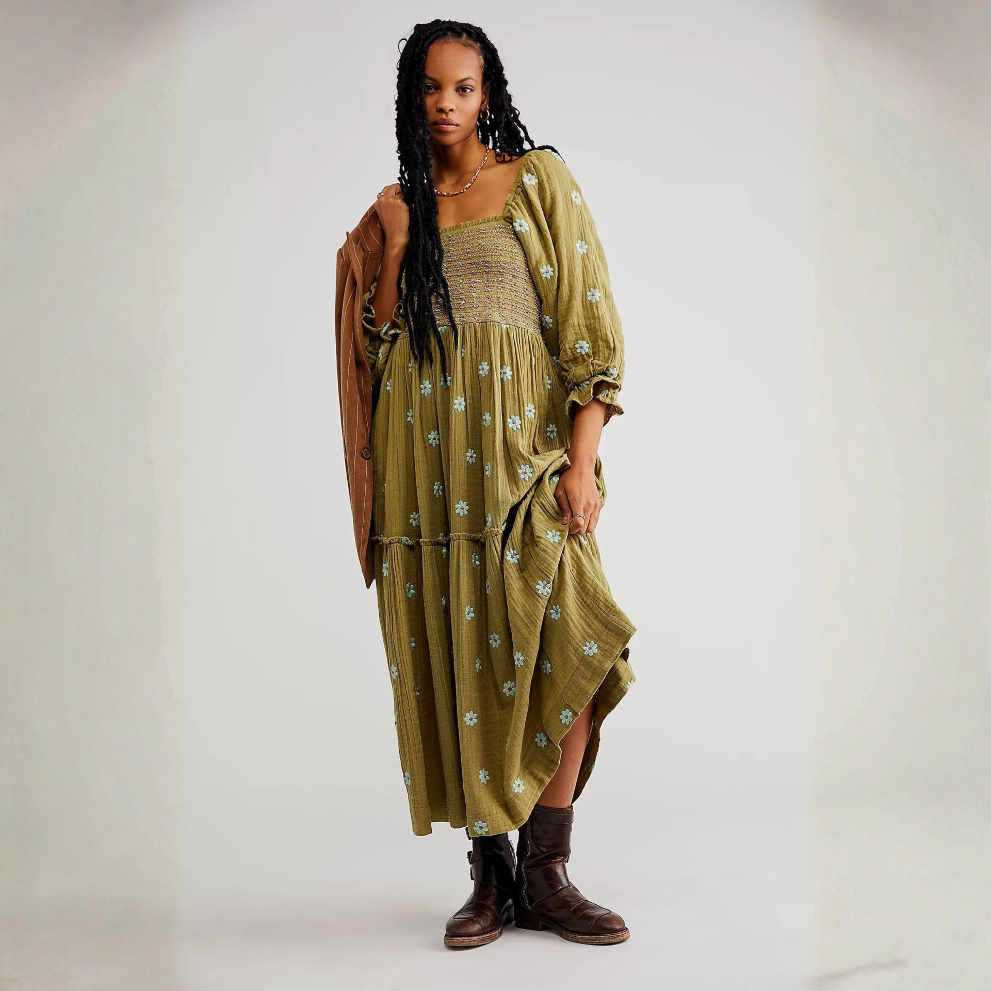 Moira - Comfy Floral Lantern Sleeve Square Neck Maxi Dress