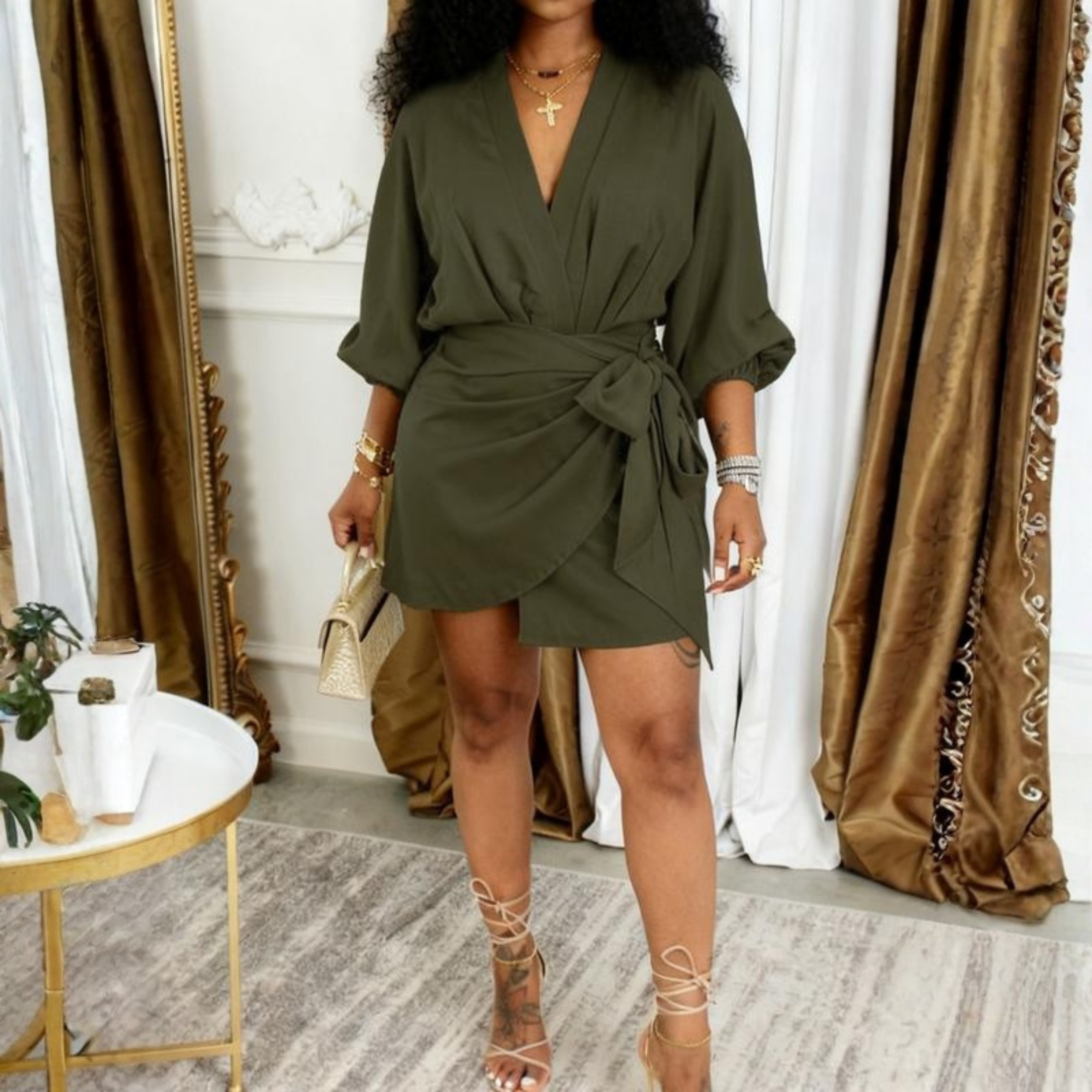 Jeiya - Chic Plain Side Tie Wrap V-Neck Bishop Party Mini Dress