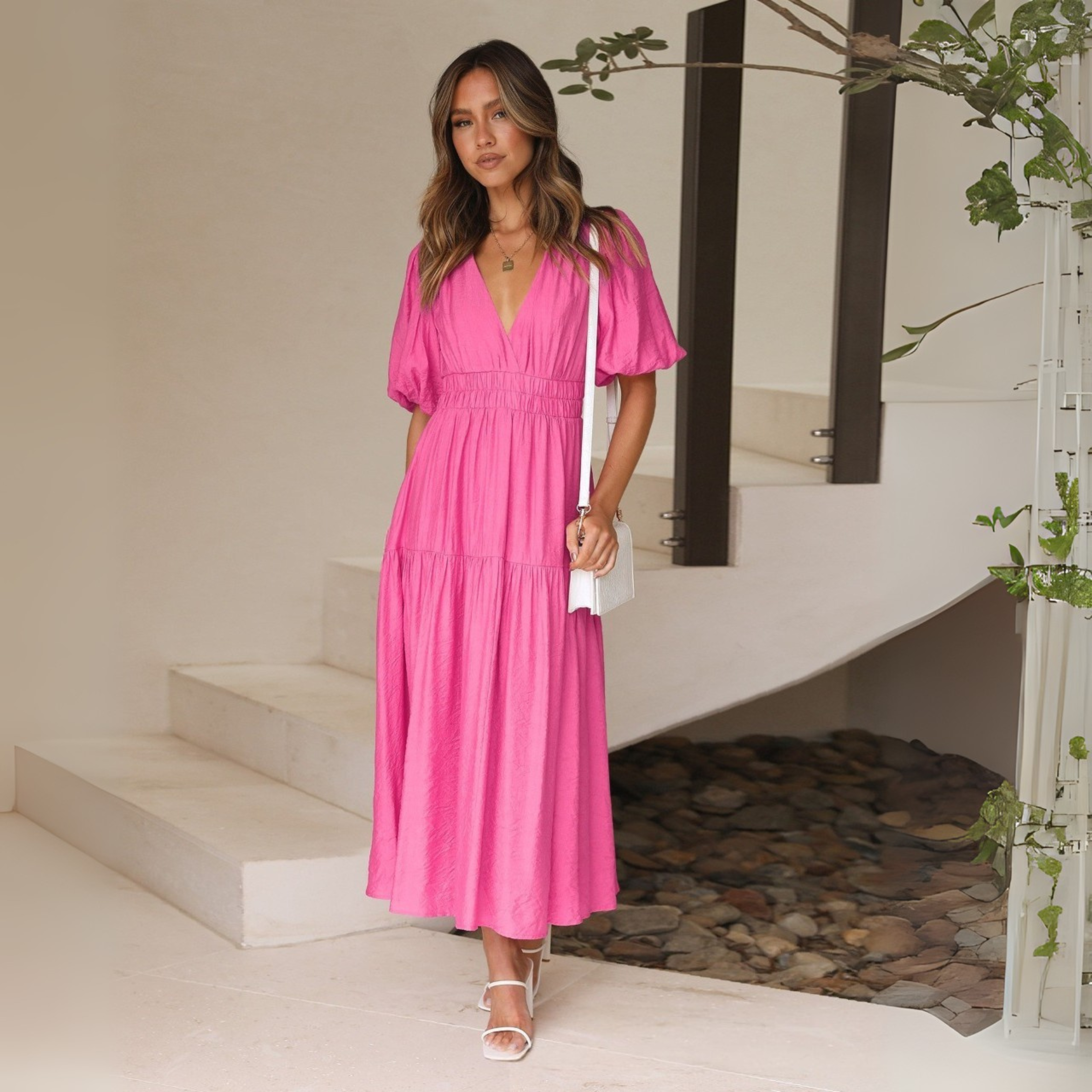 Namu - Classy V-Neck Long Sleeve A-Line Maxi Dress