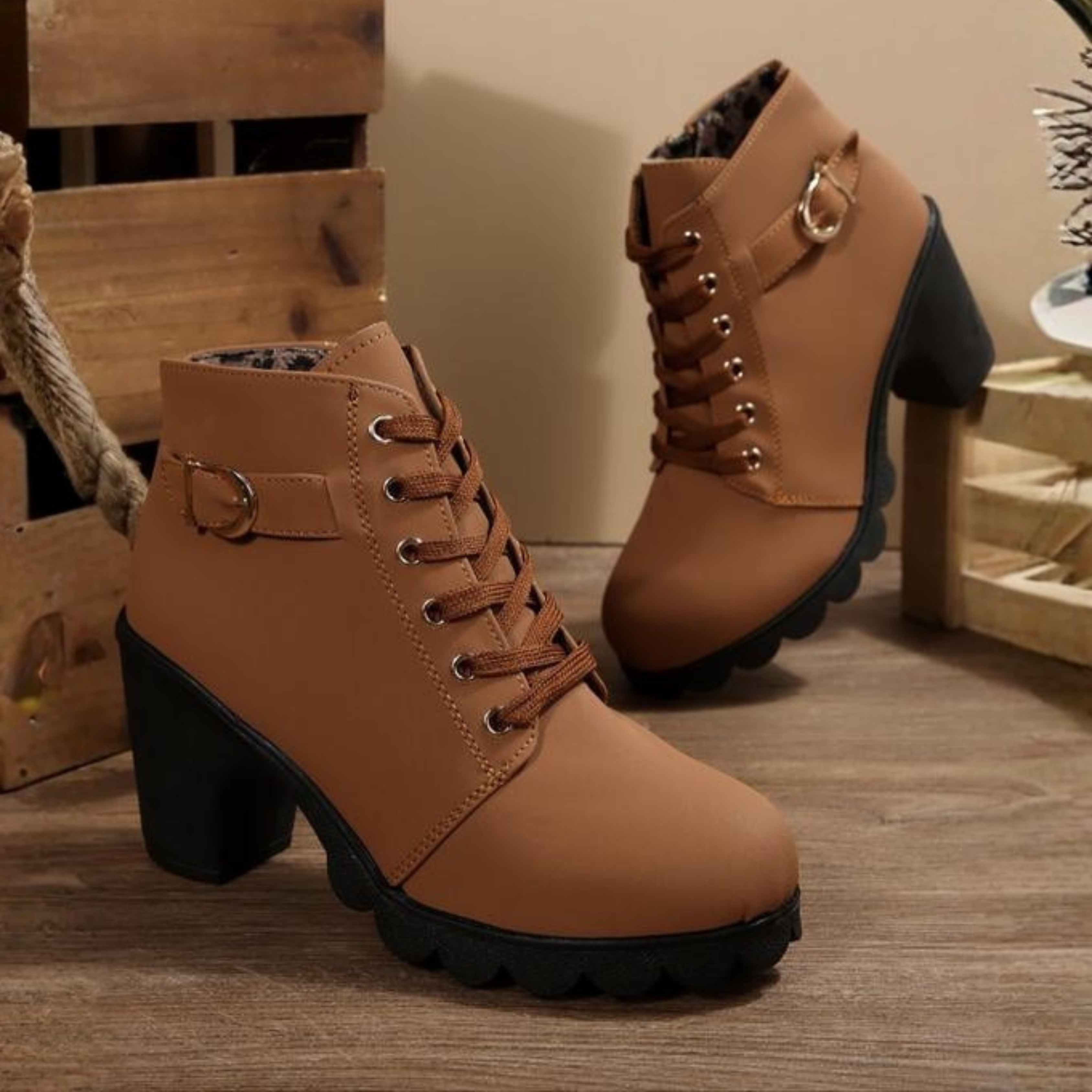 Katni - Chic Lace-Up Metal Buckle Chunky Ankle Boots