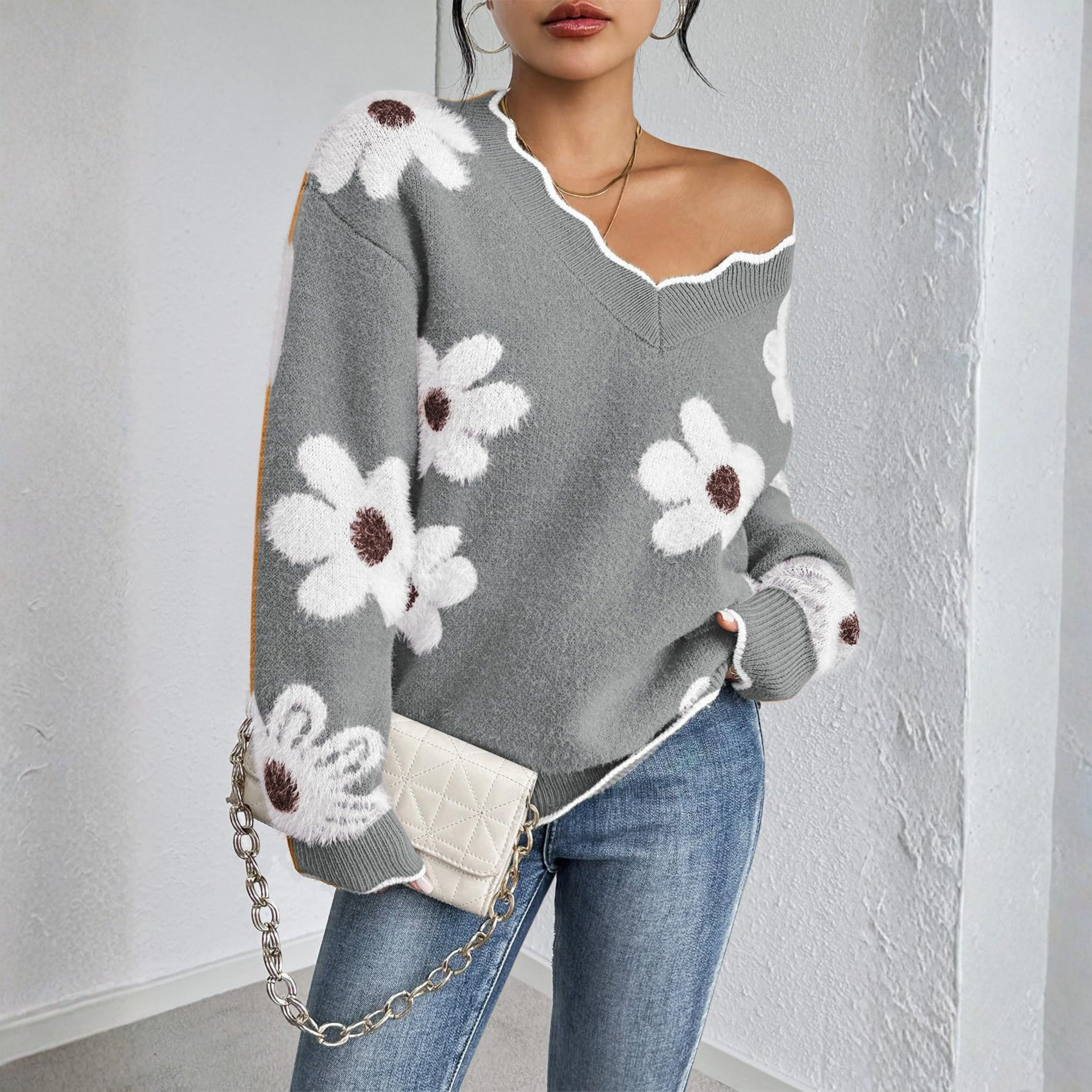 Kyupa - Casual Drop Shoulder Long Sleeve V-Neck Sweater