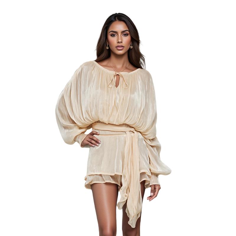 Sara - Ruffle Skirt Two-Piece with Lantern Sleeves & Tie-up Front