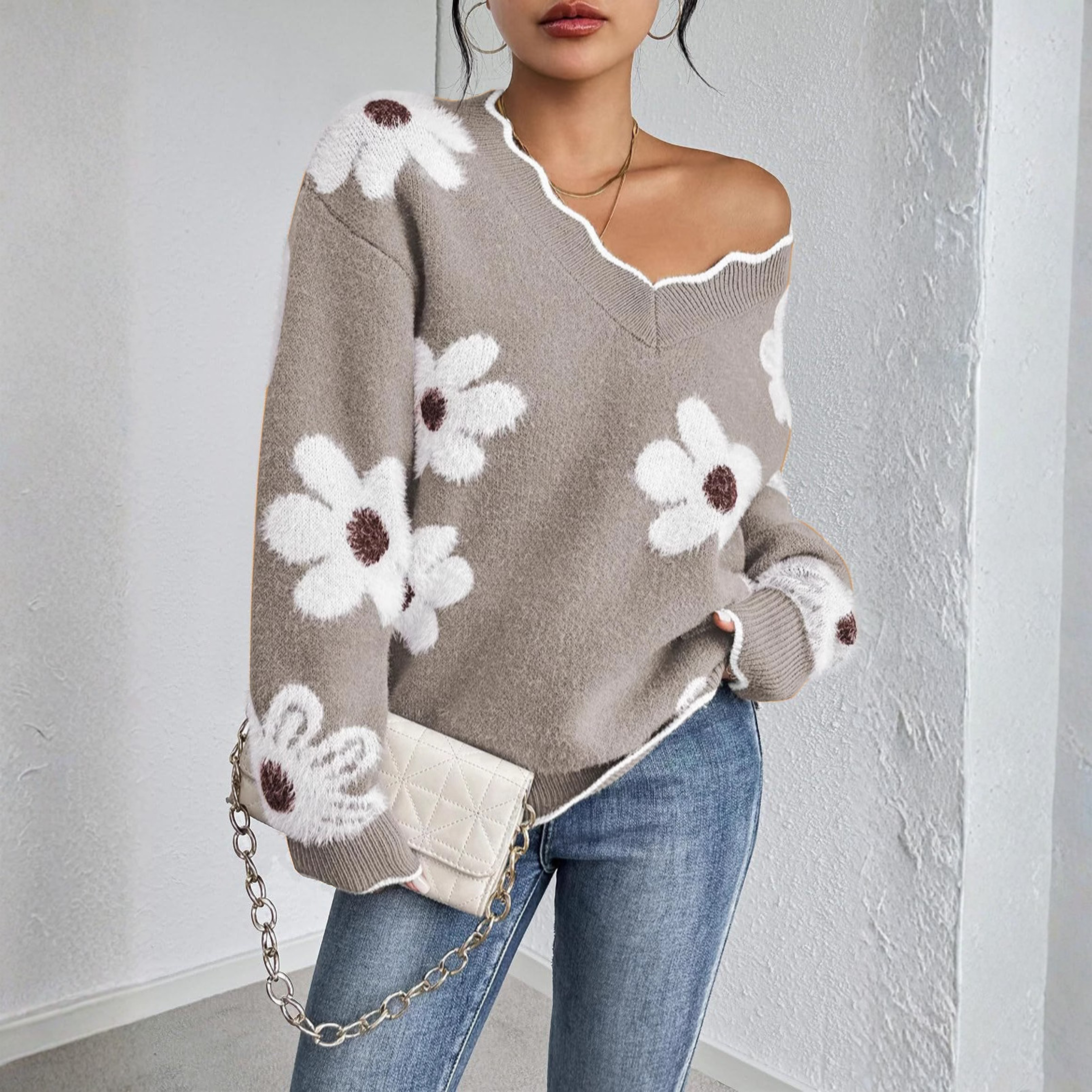 Kyupa - Casual Drop Shoulder Long Sleeve V-Neck Sweater