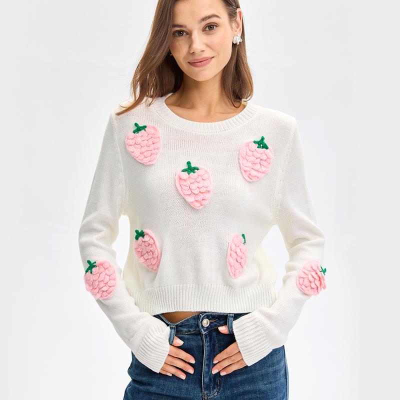 Lanie - Adorable Strawberry Embellished Long Sleeve Sweater