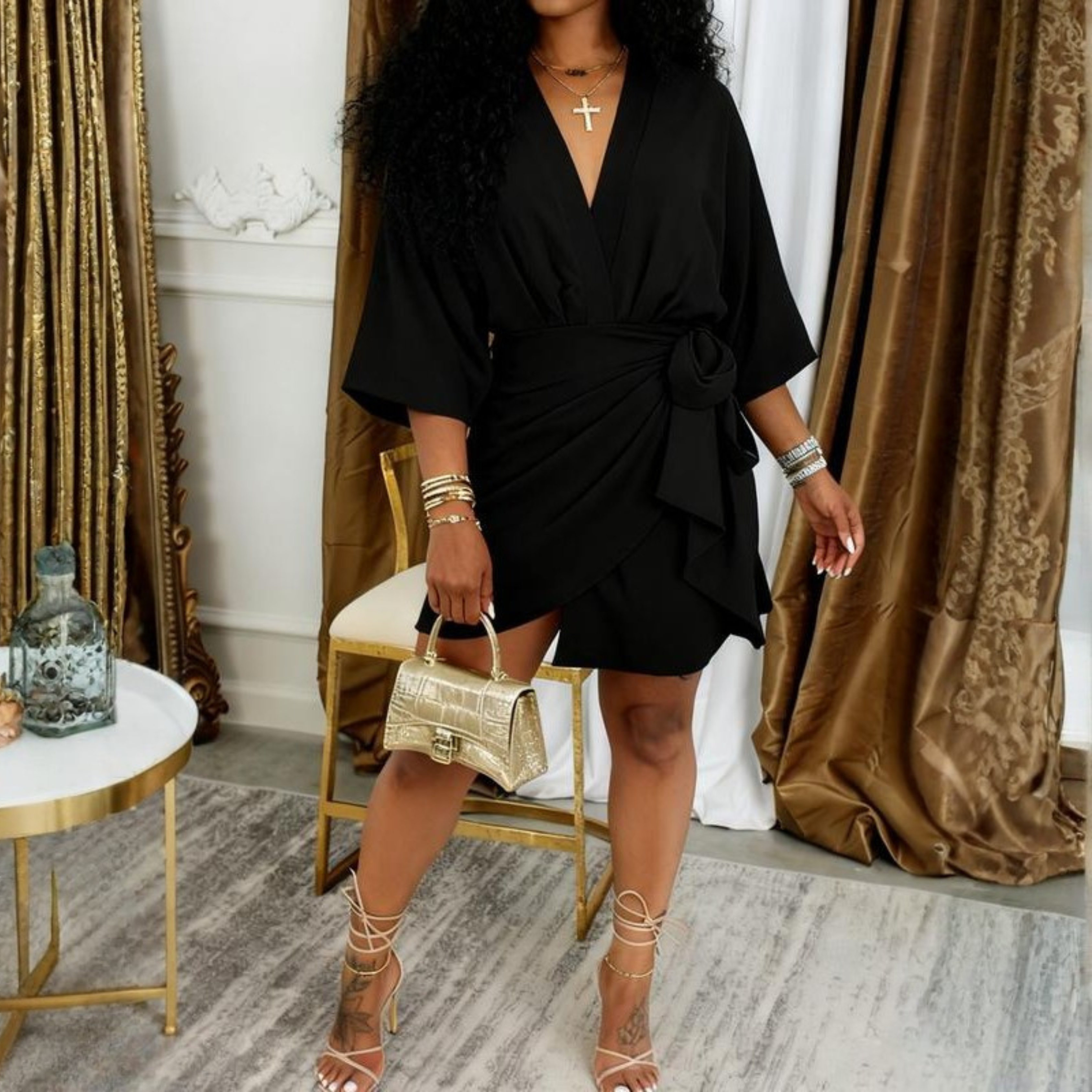 Jeiya - Chic Plain Side Tie Wrap V-Neck Bishop Party Mini Dress