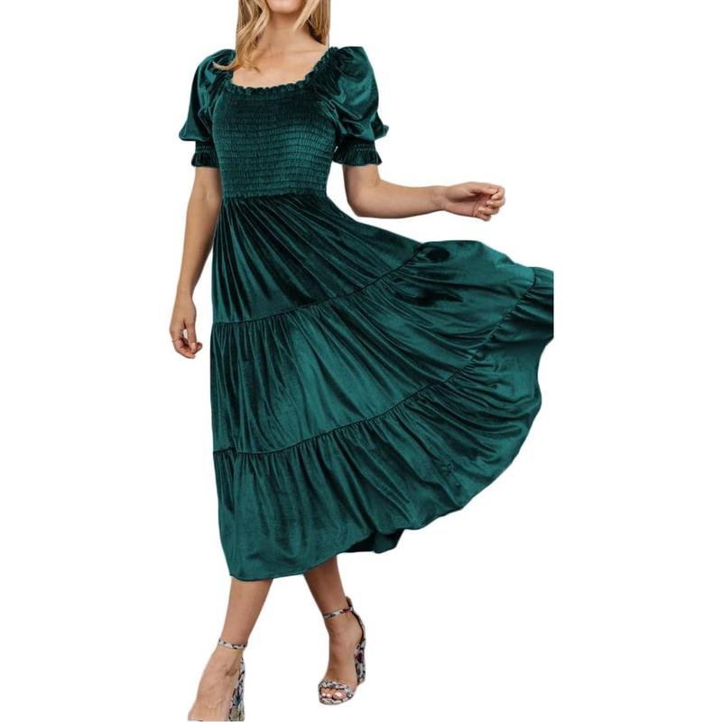 Audrey - Square Neck Puff Sleeve A-Line Midi Dress for All Occasions