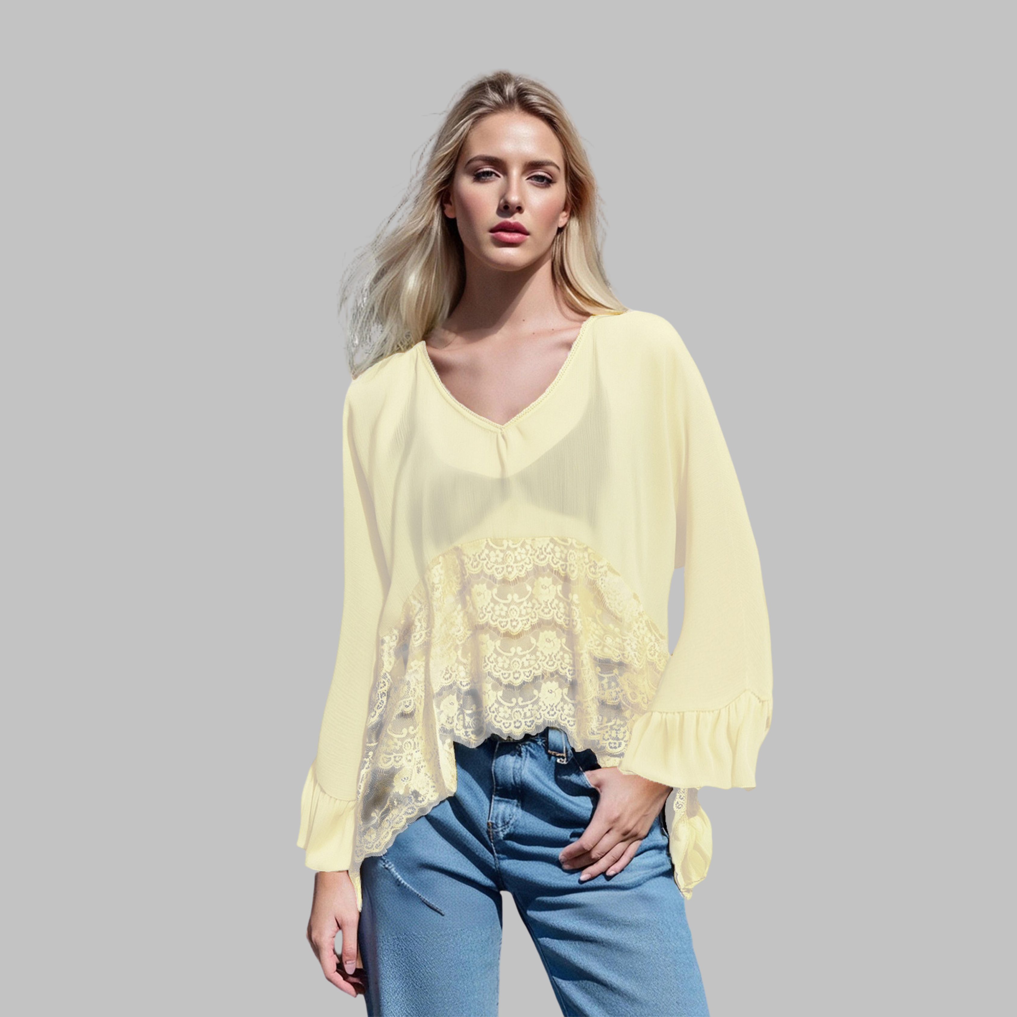 Leona - Classy V-Neck Batwing Sleeve Cover-Up Top