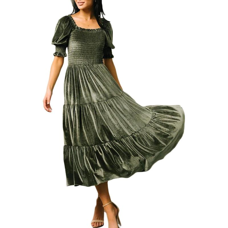 Audrey - Square Neck Puff Sleeve A-Line Midi Dress for All Occasions