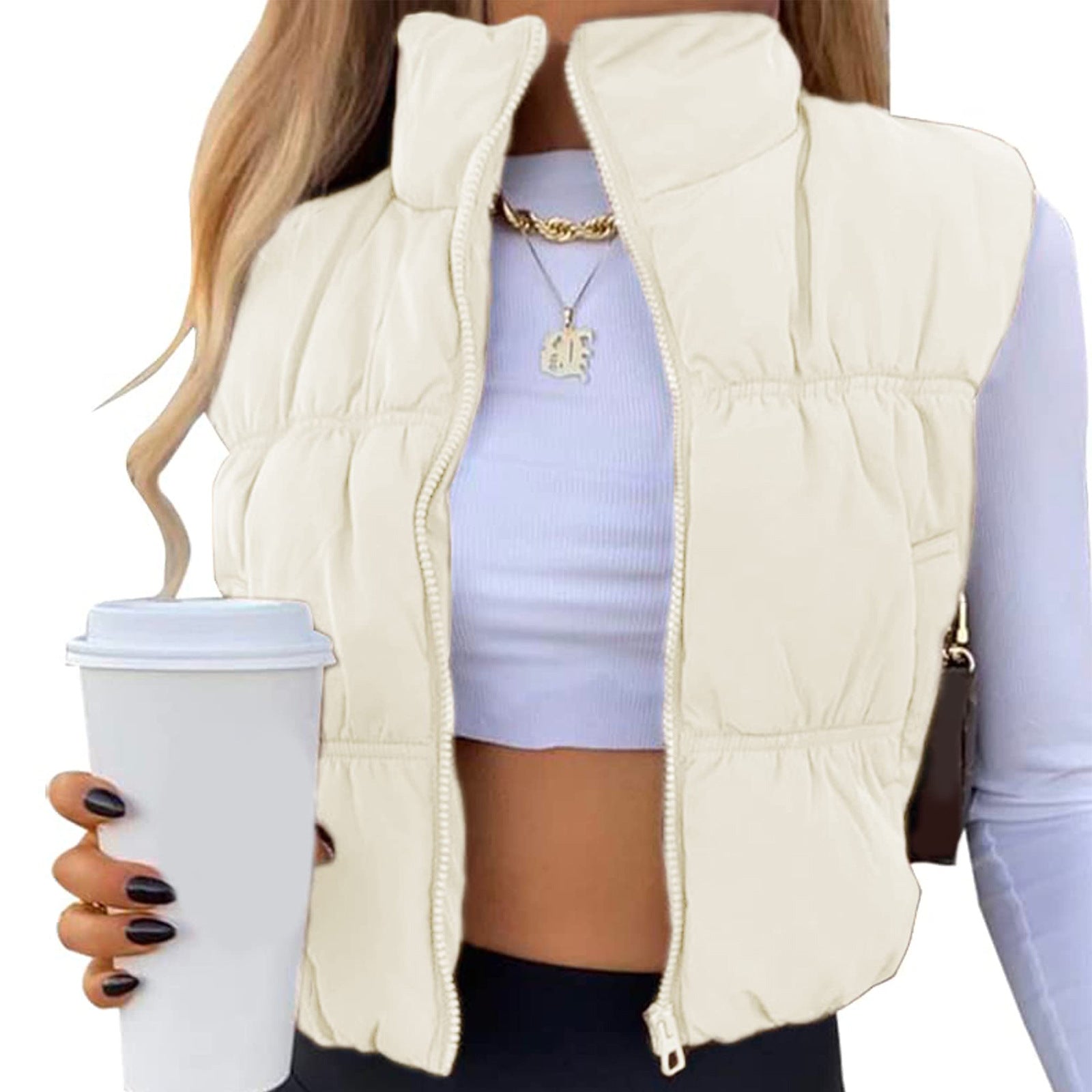 Caroline - Sleeveless Zip-Up Puffer Vest with Stand Collar