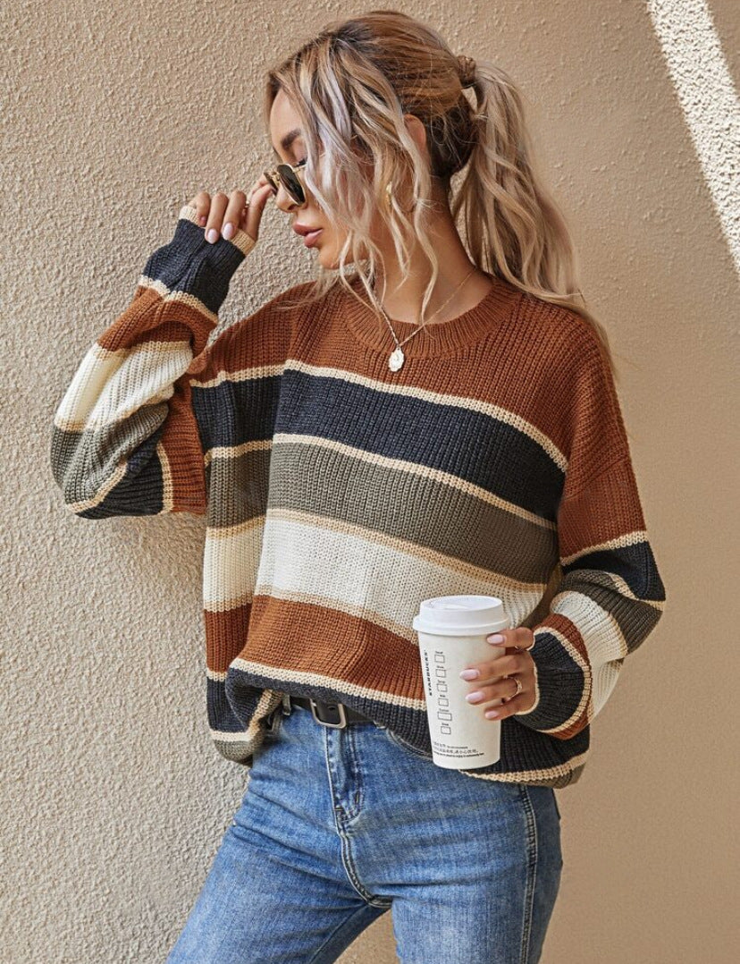 Quenby - Casual Striped Long Sleeve Round Neck Sweater