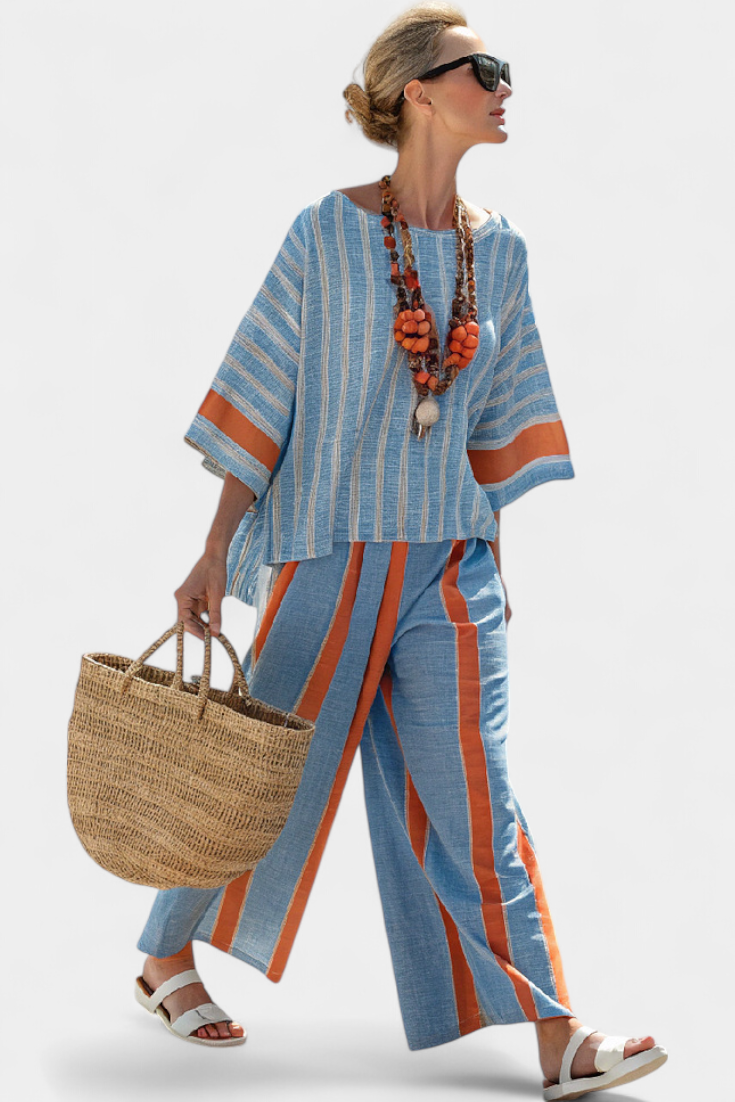 Aurora – Sophisticated Terracotta Striped Top and Linen Trousers