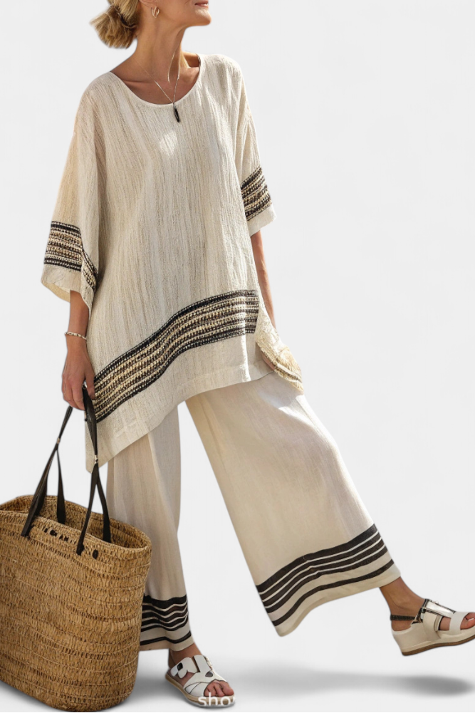 Aubrey – Elegant Black Striped Linen Top and Flowing Trousers