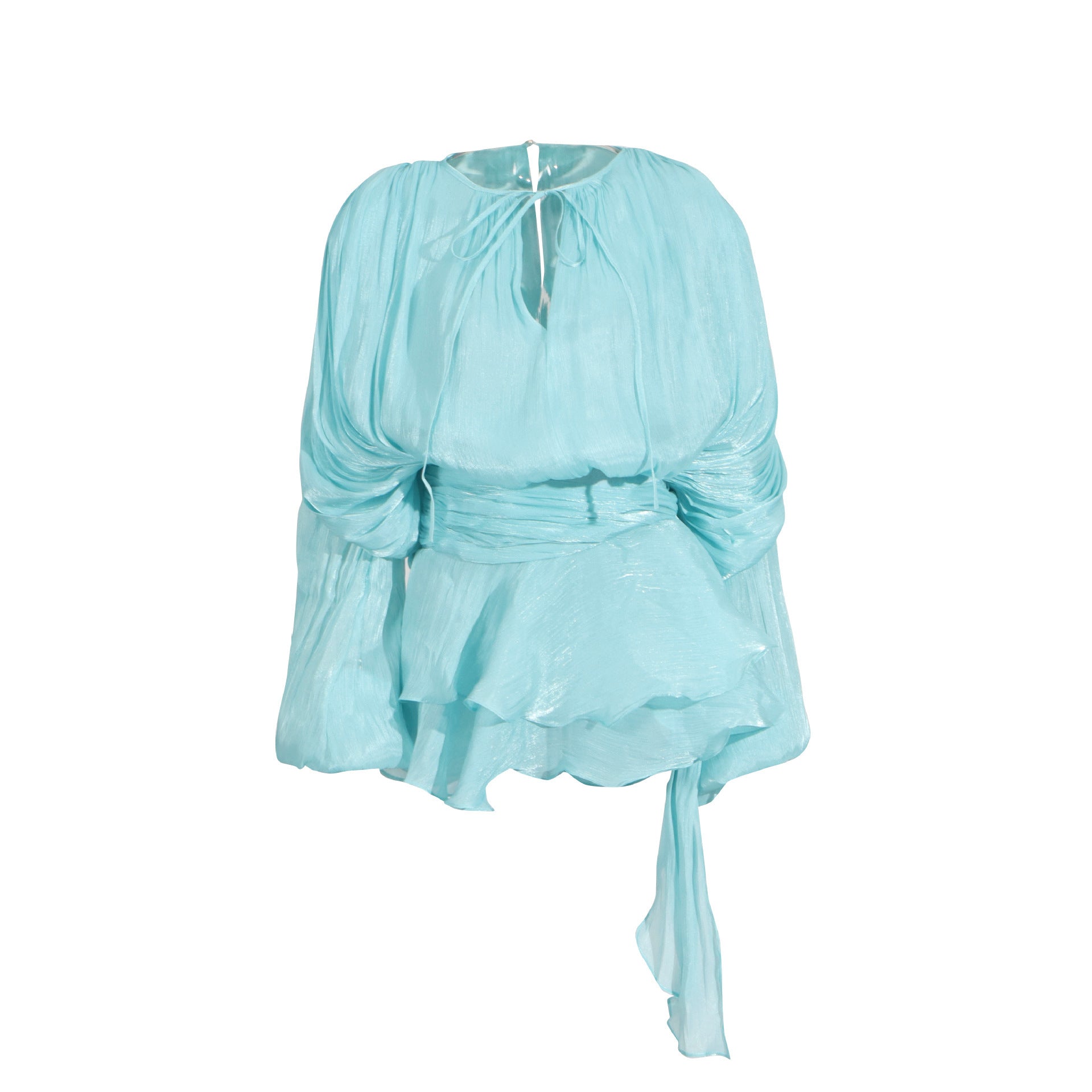 Sara - Ruffle Skirt Two-Piece with Lantern Sleeves & Tie-up Front