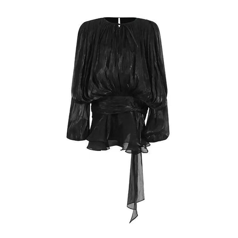 Sara - Ruffle Skirt Two-Piece with Lantern Sleeves & Tie-up Front
