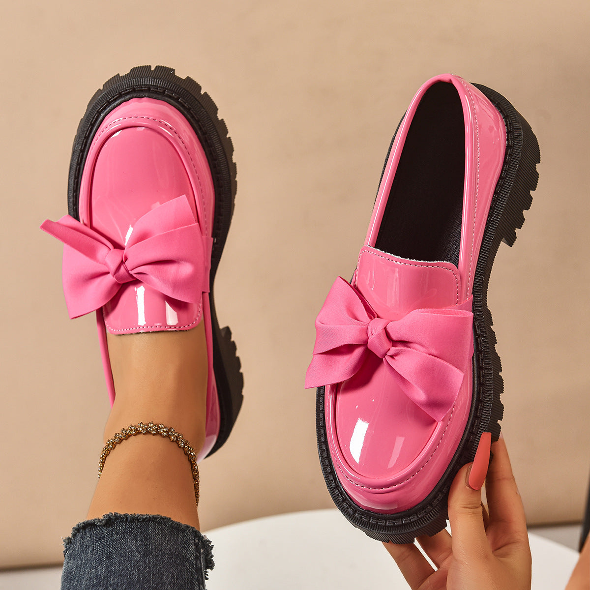 Fuli- Elegant Solid Color Bowknot Slip-On Loafers