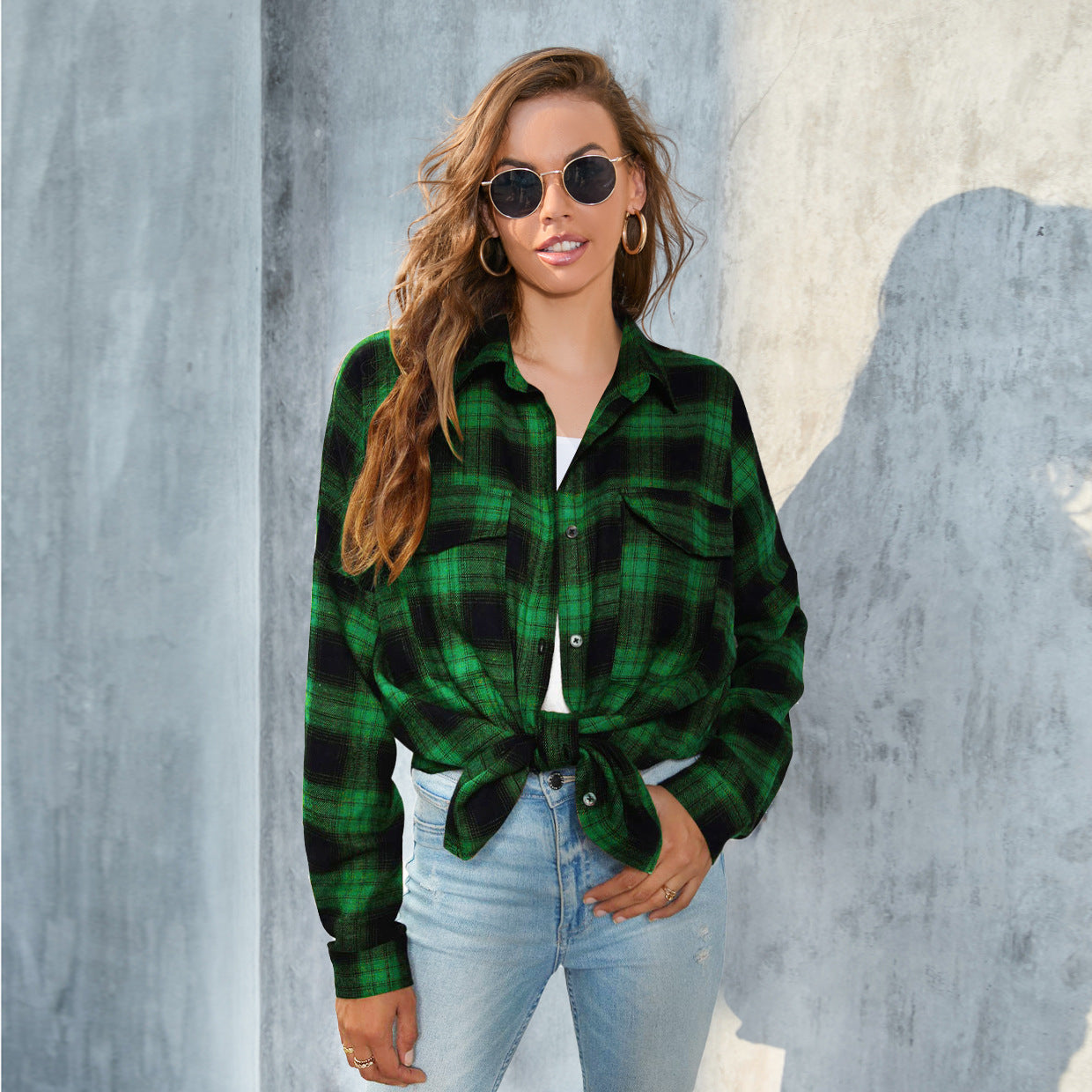 Tori - Vintage Plaid Button Down Long Sleeve Blouse