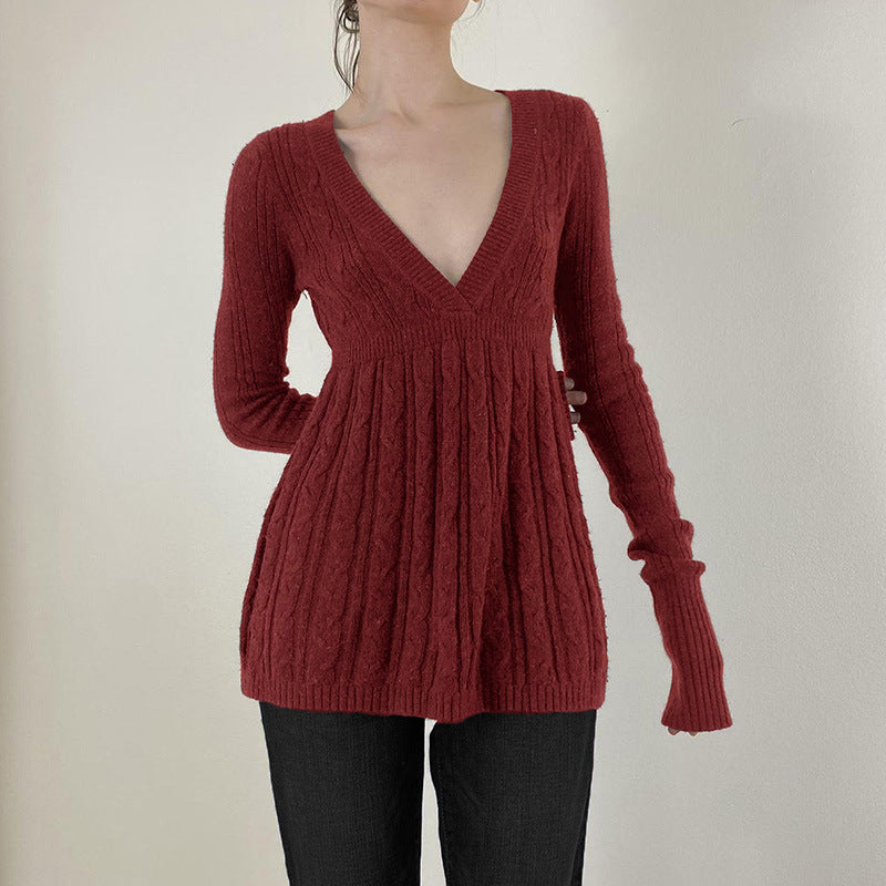 Meryl  - Classy Long Sleeve V-Neck A-Line Waist Sweater