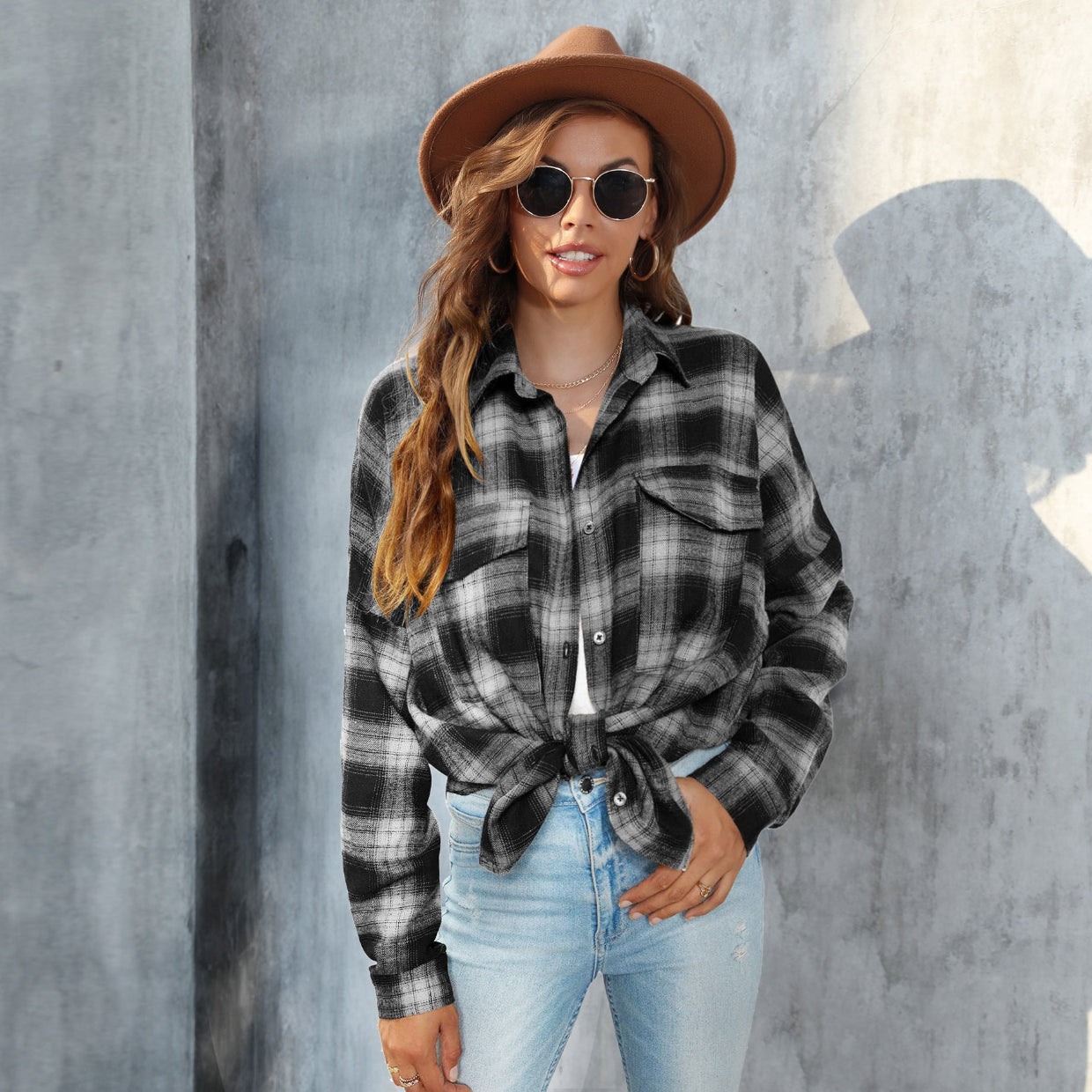 Tori - Vintage Plaid Button Down Long Sleeve Blouse