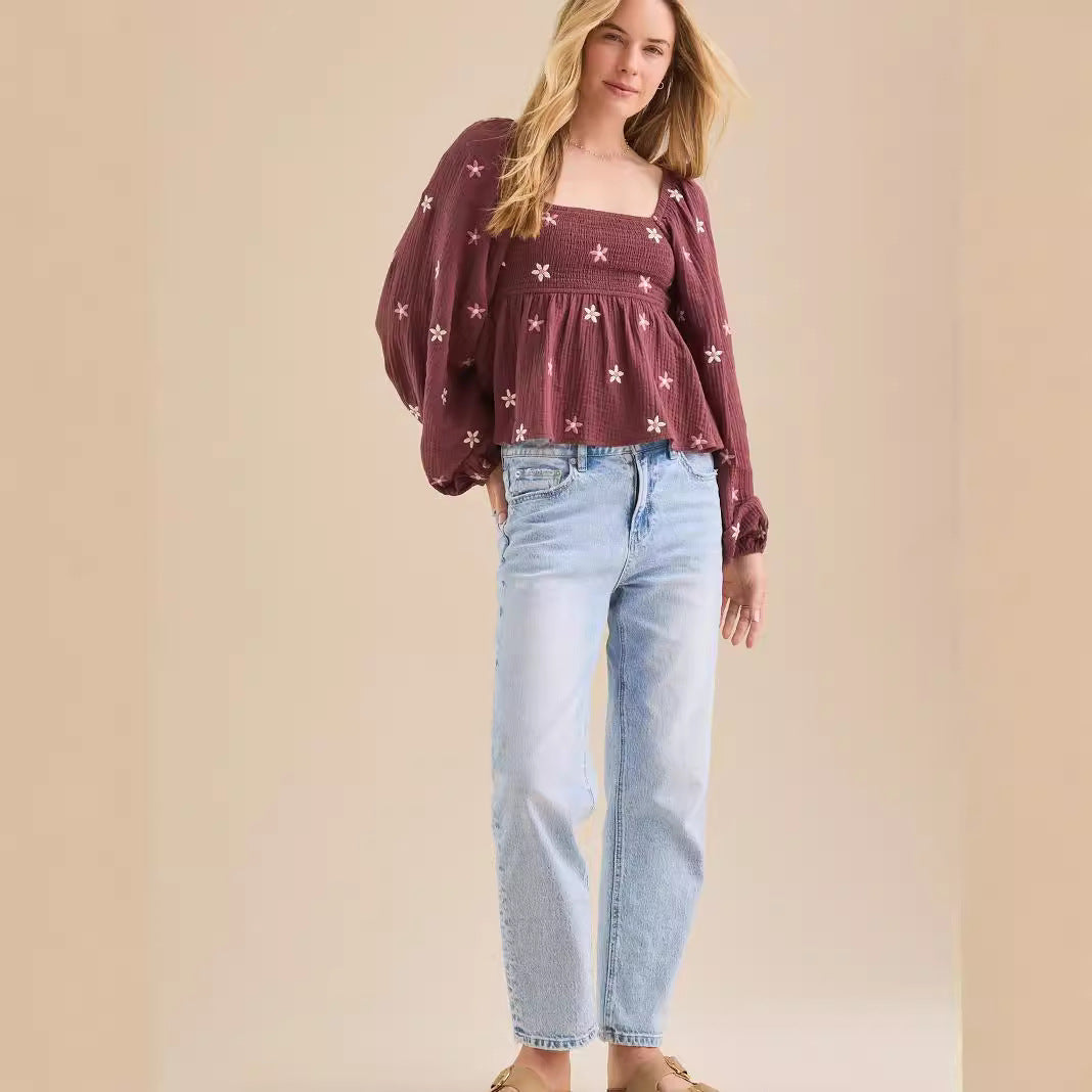 Sila - Comfy Floral Pleated Long Sleeve Top
