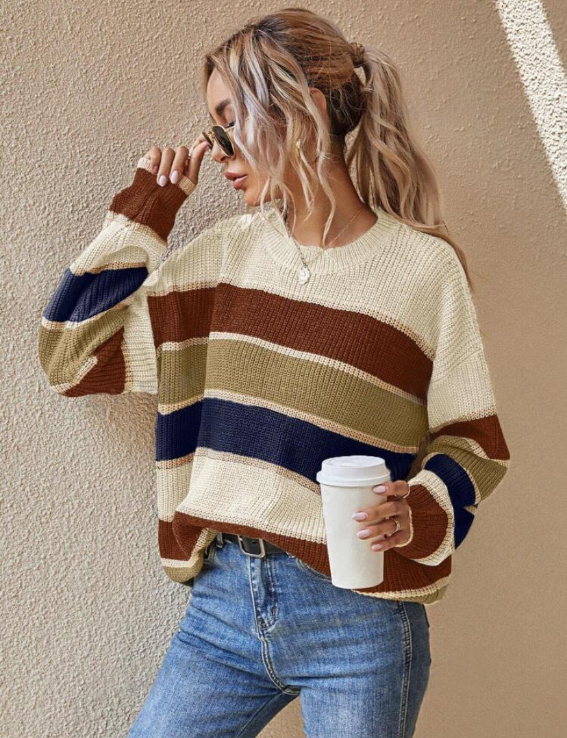 Quenby - Casual Striped Long Sleeve Round Neck Sweater