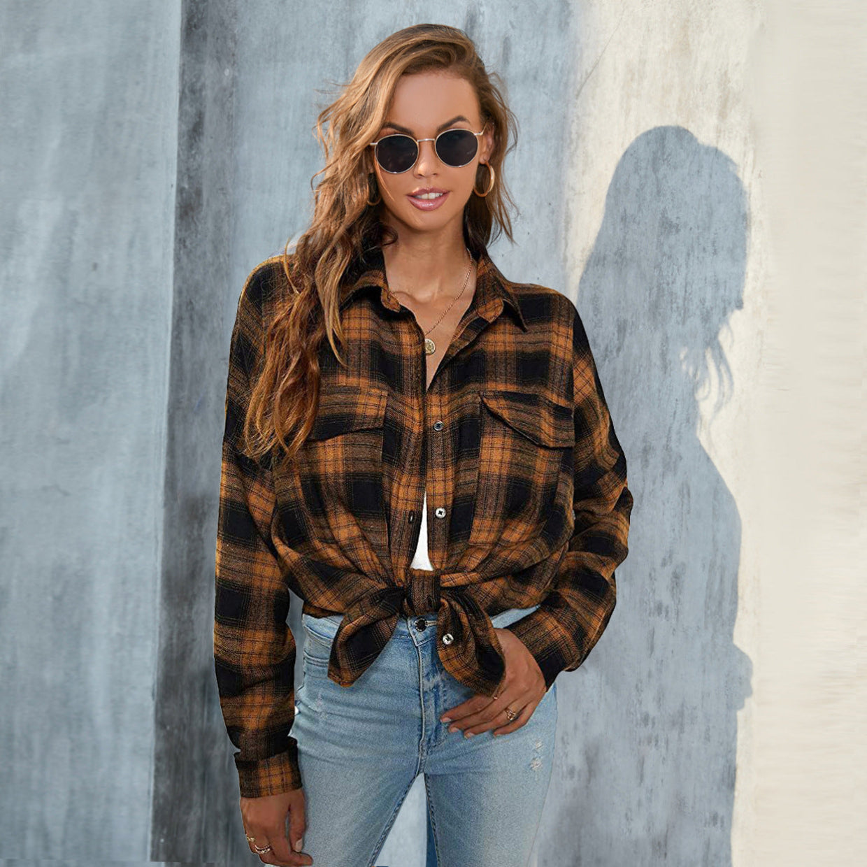 Tori - Vintage Plaid Button Down Long Sleeve Blouse