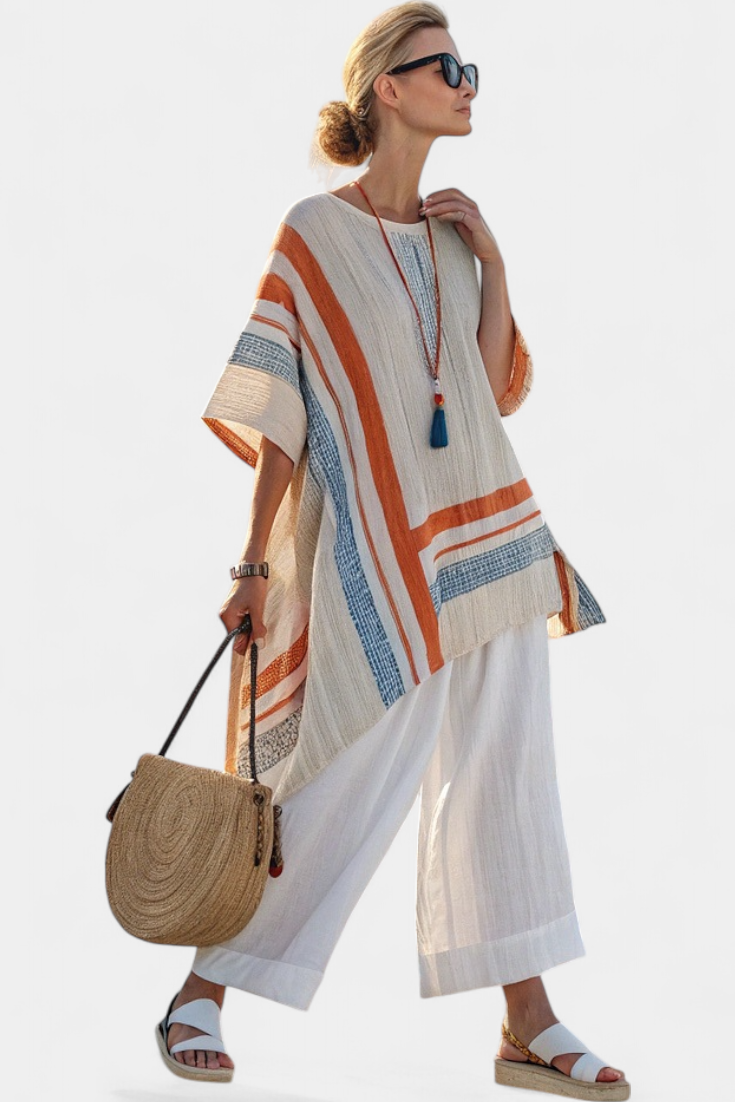 Belle – Sophisticated Asymmetric Blouse and Wide-leg Linen Trousers