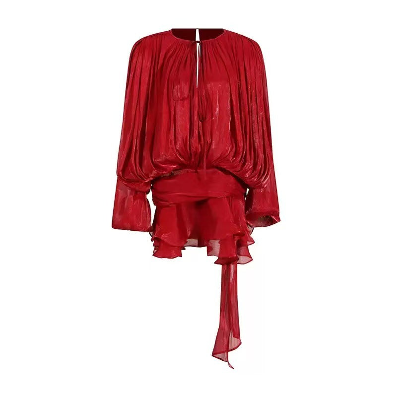 Sara - Ruffle Skirt Two-Piece with Lantern Sleeves & Tie-up Front