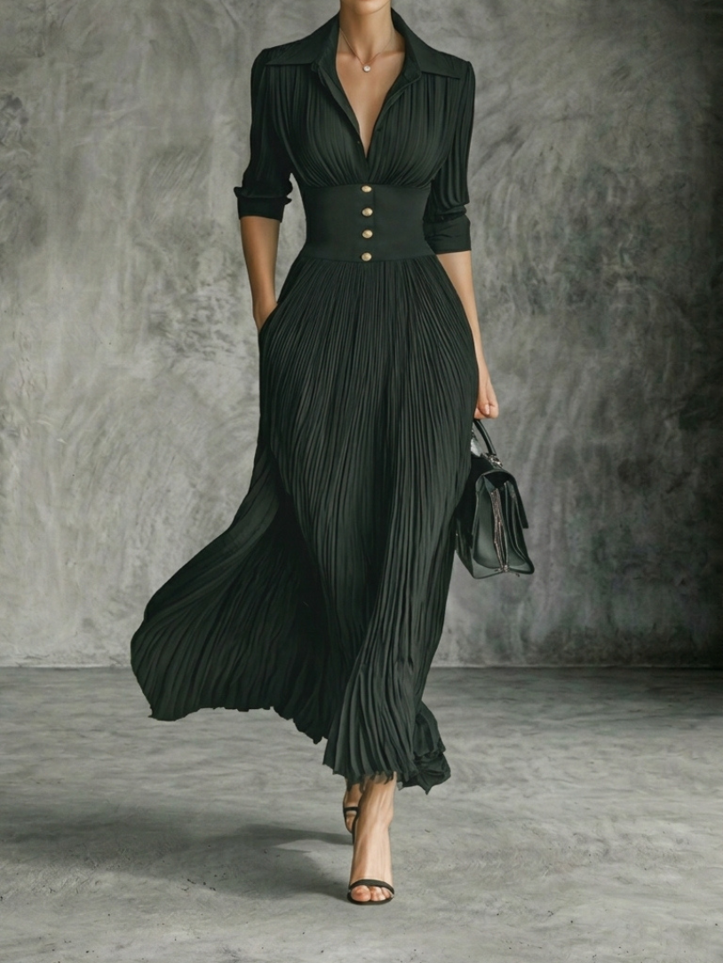 Ava – Long-sleeved Pleated Maxi Dress