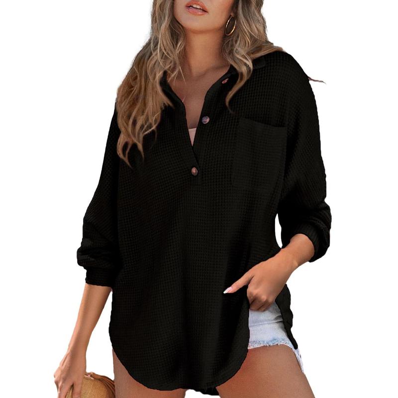 Rhannon - Casual Oversized Waffle V-Neck Long Sleeve Sweater