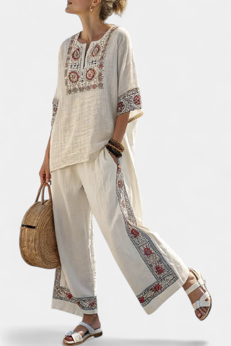 Amanda – Basic Embroidered Blouse and Wide-leg Trousers
